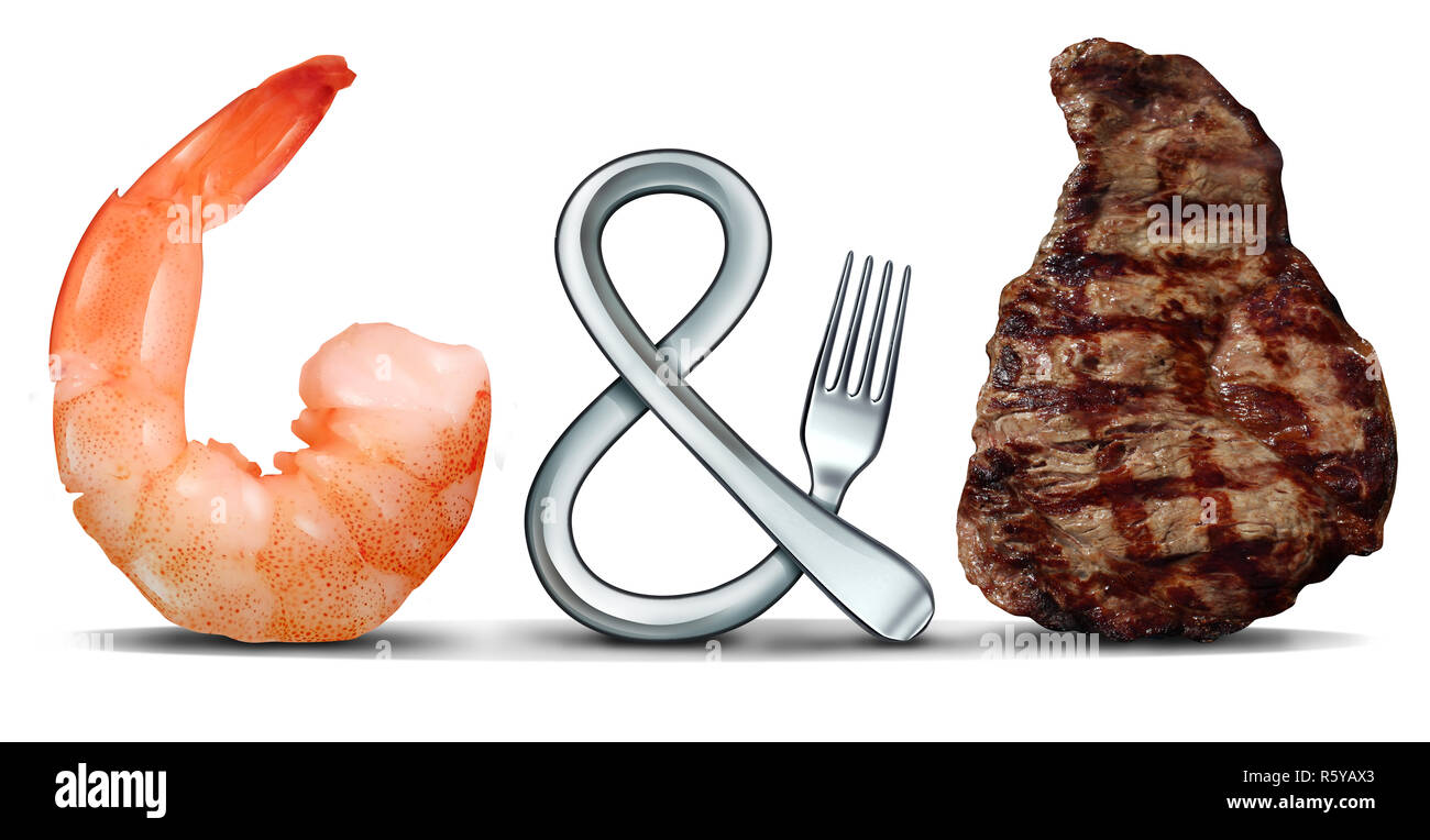 Surf and Turf les fruits de mer et steak concept alimentaire comme une fourche en forme de symbole sur un fond blanc avec des éléments 3D illustration. Banque D'Images