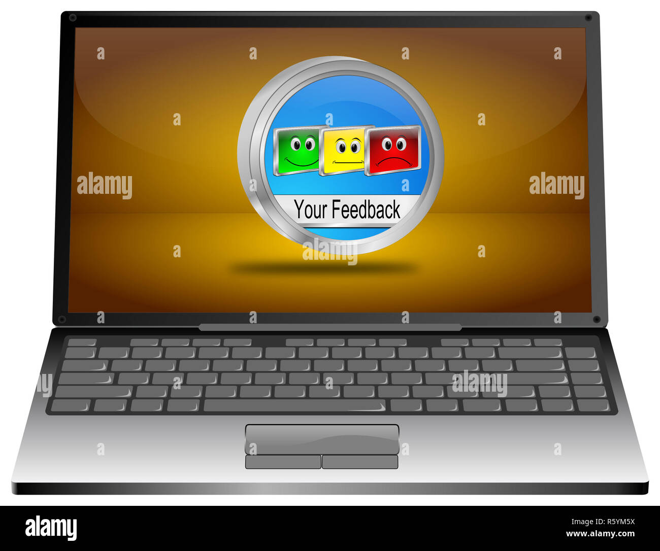 Ordinateur portable avec votre bouton bleu Commentaires - 3D illustration Banque D'Images