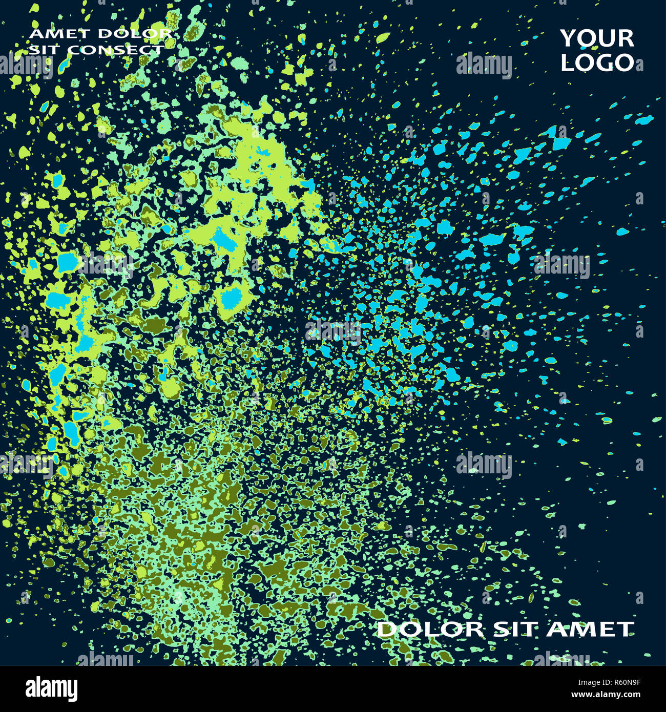 Explosion au néon splatter peinture couverture artistique conception du cadre. Splash vert décoratif bleu texture spray fond sombre. Modèle de rapport à la mode vecteur couvrir Catalogue Brochure Flyer Affiche Banner Banque D'Images