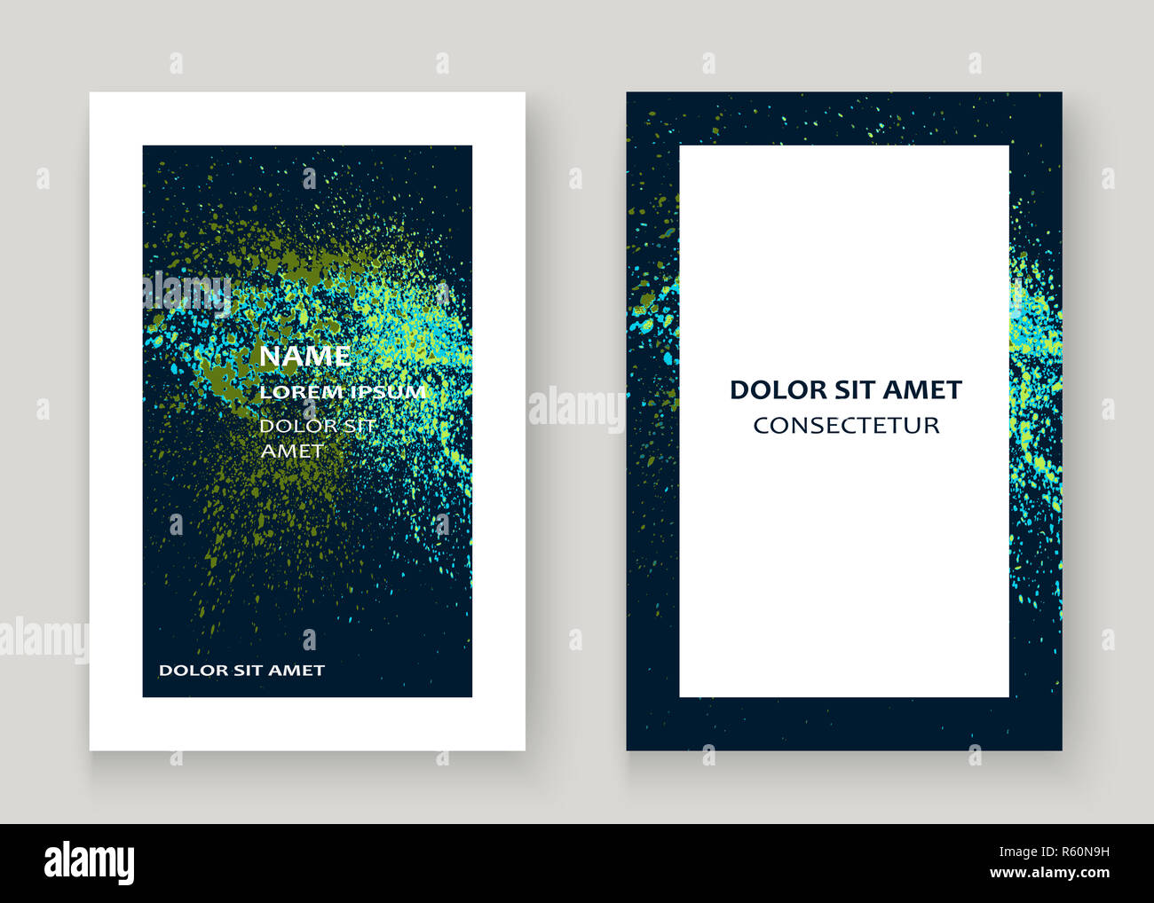 Explosion au néon splatter peinture couverture artistique conception du cadre. Splash vert décoratif bleu texture spray fond sombre. Modèle de rapport à la mode vecteur couvrir Catalogue Brochure Flyer Affiche Banner Banque D'Images