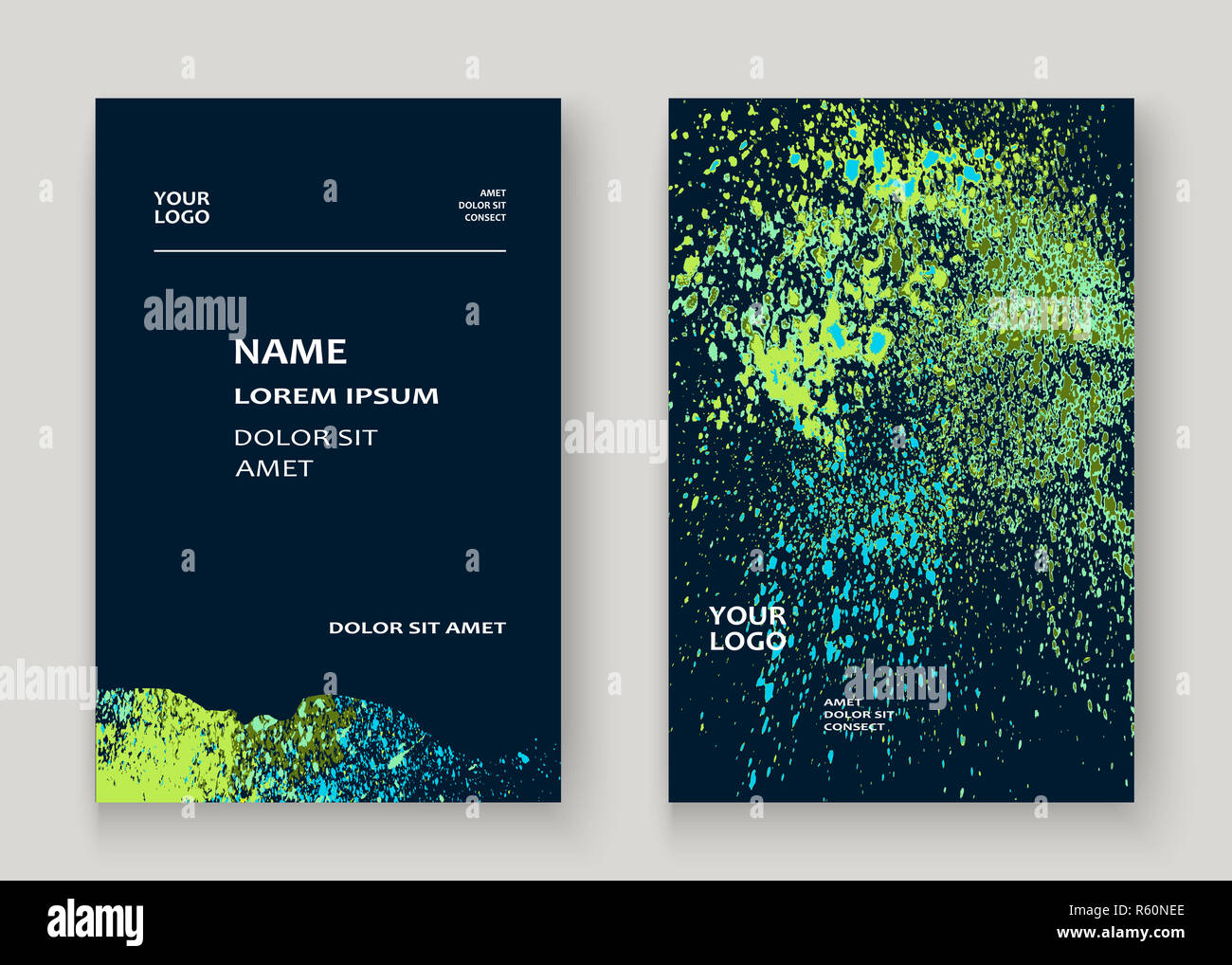 Explosion au néon splatter peinture couverture artistique conception du cadre. Splash vert décoratif bleu texture spray fond sombre. Modèle de rapport à la mode vecteur couvrir Catalogue Brochure Flyer Affiche Banner Banque D'Images