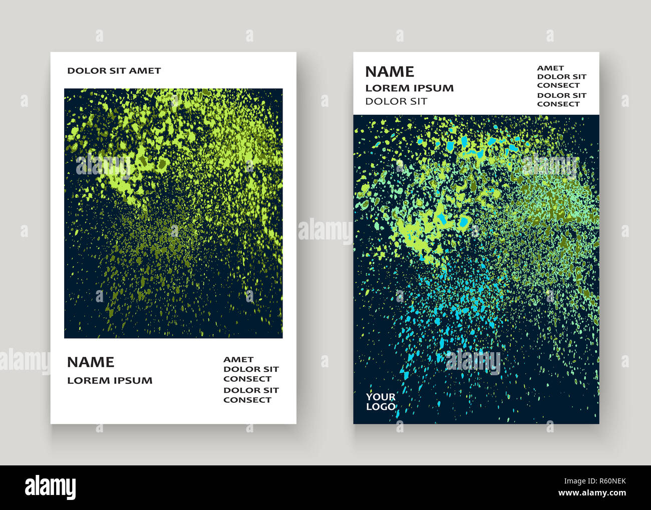 Explosion au néon splatter peinture couverture artistique conception du cadre. Splash vert décoratif bleu texture spray fond sombre. Modèle de rapport à la mode vecteur couvrir Catalogue Brochure Flyer Affiche Banner Banque D'Images