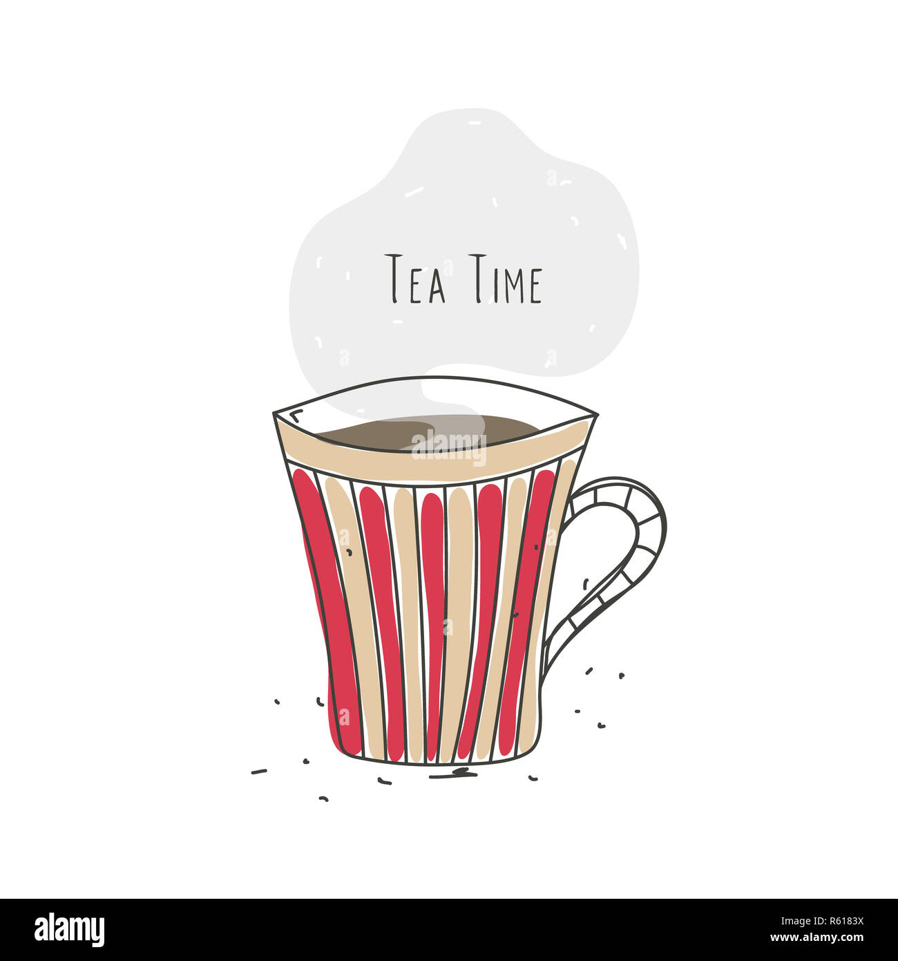 L'heure du thé. Tasse à rayures avec boisson chaude. Conception de la ligne. Doodle. Affiche, logo, emblème, symbole de café ou restaurant Banque D'Images