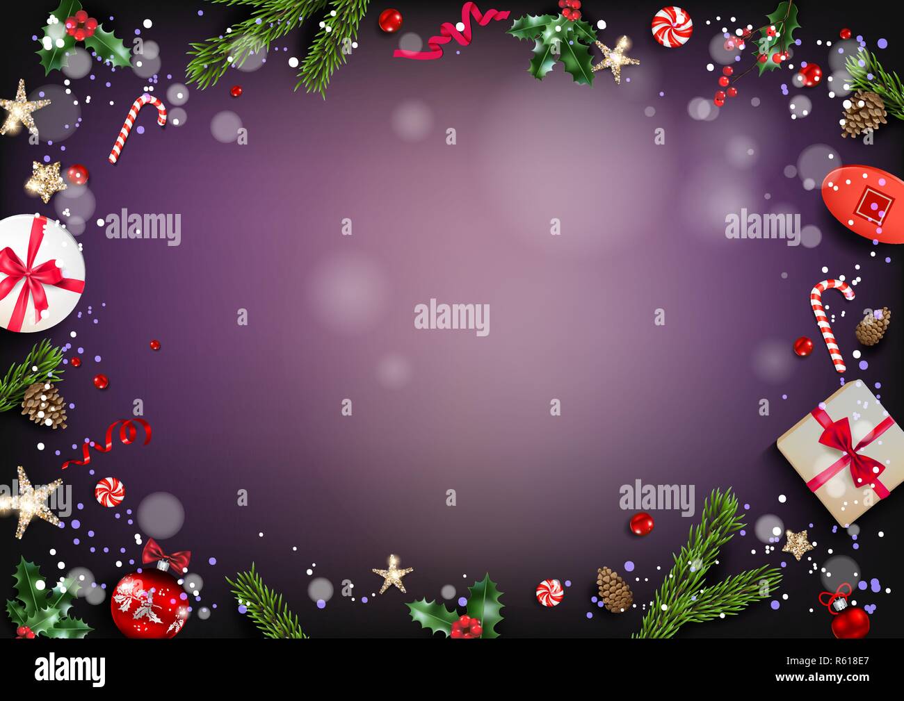 Maison de vacances carte avec décorations de Noël et des boules, des étoiles, des boîtes-cadeaux, sapin branches sur fond violet. Modèle de fête de Noël. Illustration de Vecteur