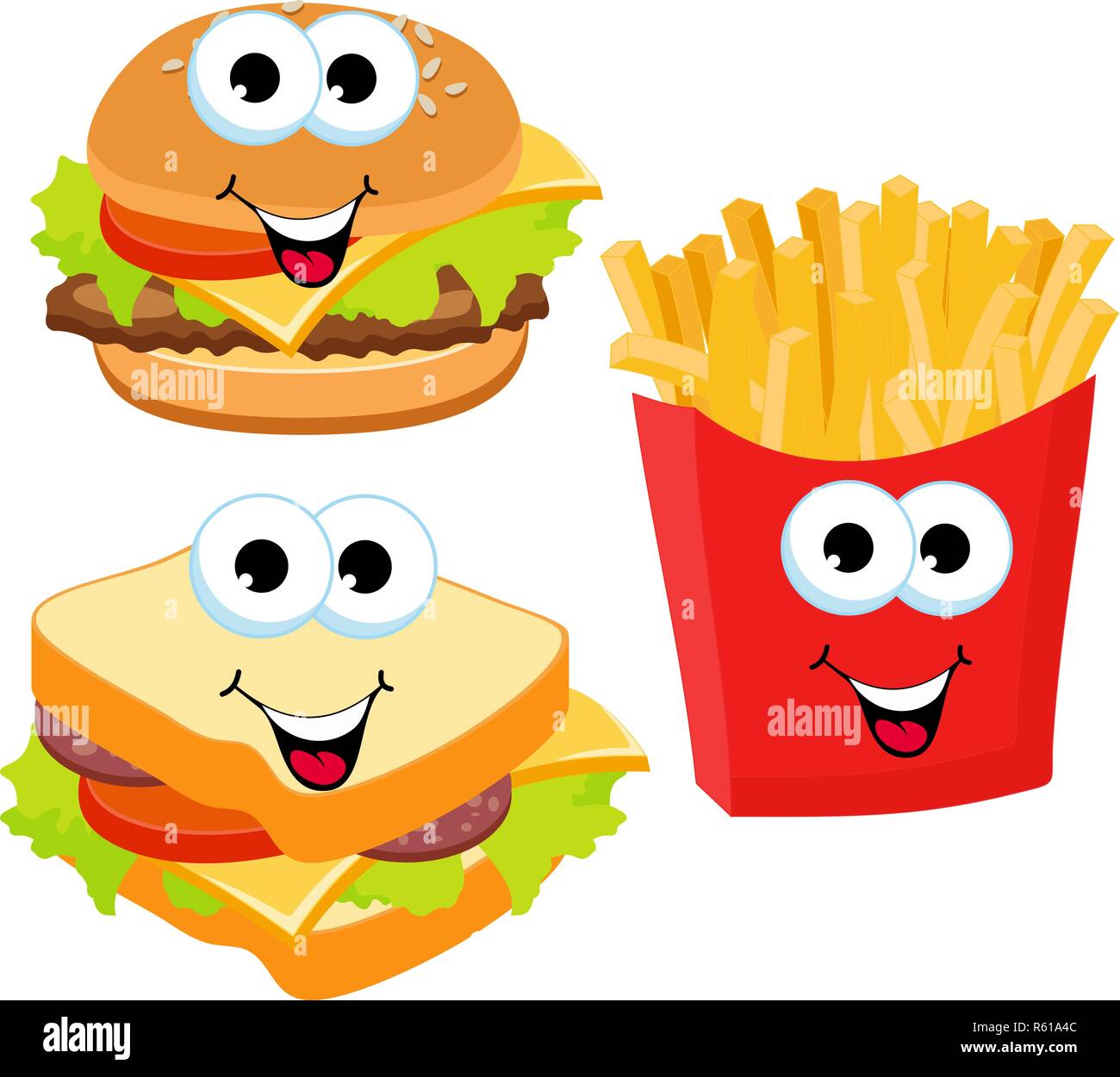 Jeu de fast-food, sandwich et hamburger frites isolé sur fond blanc. Sourire Fast food vector cartoon illustration caractères de l'expression Illustration de Vecteur