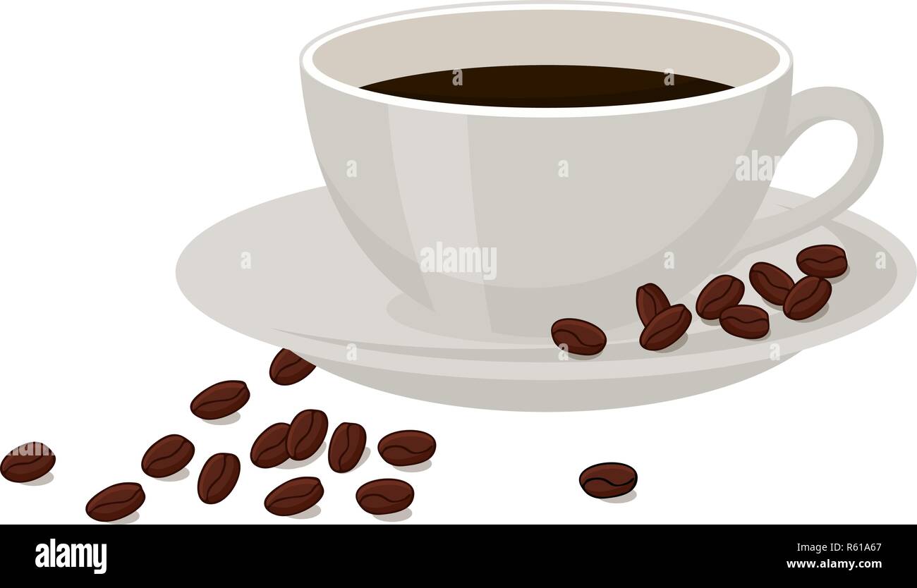 Café avec grains de café dans une tasse blanche sur fond blanc. Illustration de Vecteur