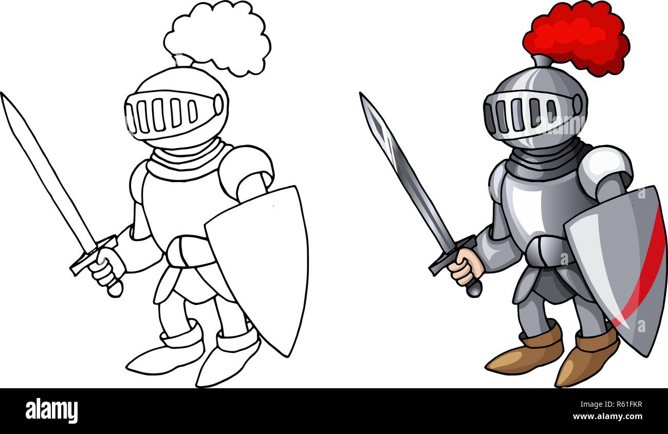 Cartoon chevalier médiéval avec le bouclier et l'épée, isolé sur fond blanc Illustration de Vecteur