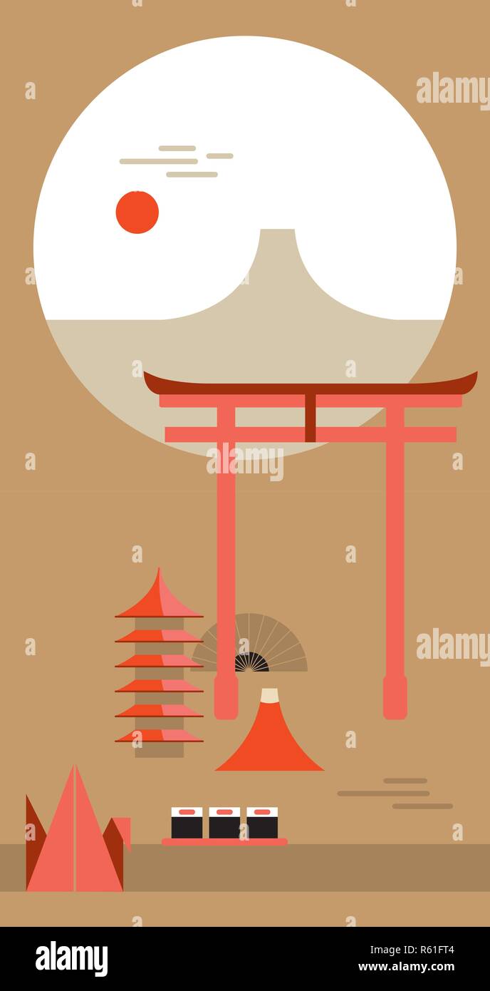 Beau Voyage Japon Landmarks poster avec Fuji Sushi Torii Mountain et Vector illustration Illustration de Vecteur