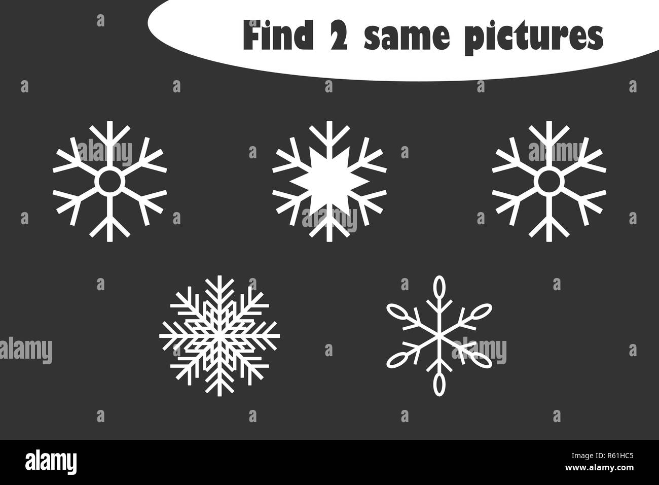 Trouver deux images identiques, de l'éducation jeu avec des flocons de neige pour les enfants d'âge préscolaire, l'exercice pour les enfants, une tâche pour la mis Illustration de Vecteur
