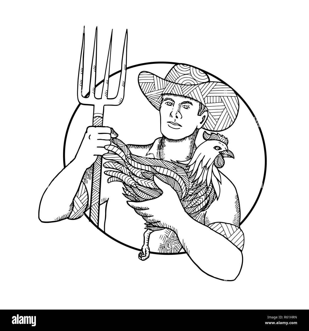 Farmer Holding Hen Zentagle Showlivre.com Banque D'Images