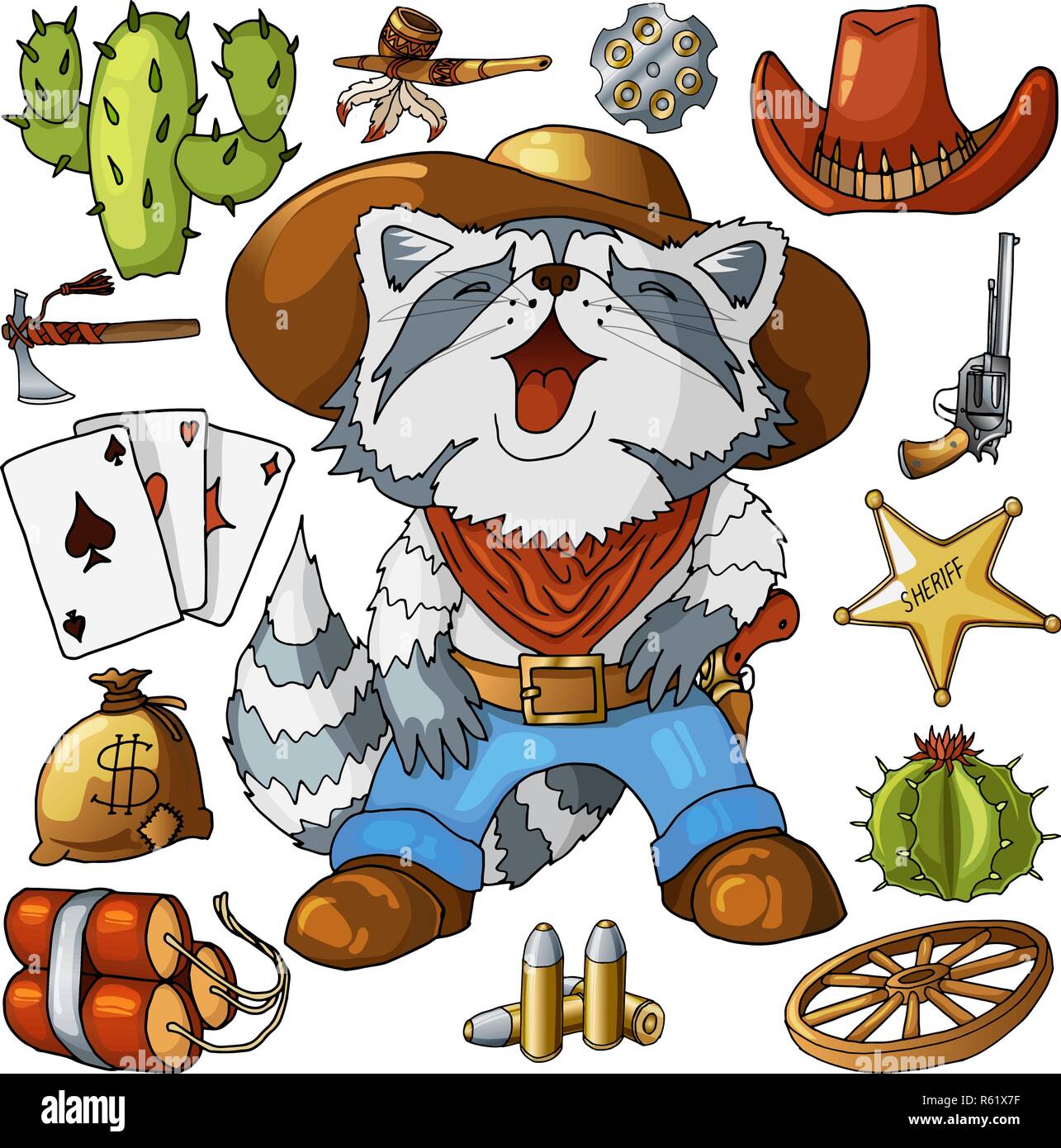 Western wild west art stickers set. Pistolet, des balles, cactus et beaucoup d'autres articles Illustration de Vecteur
