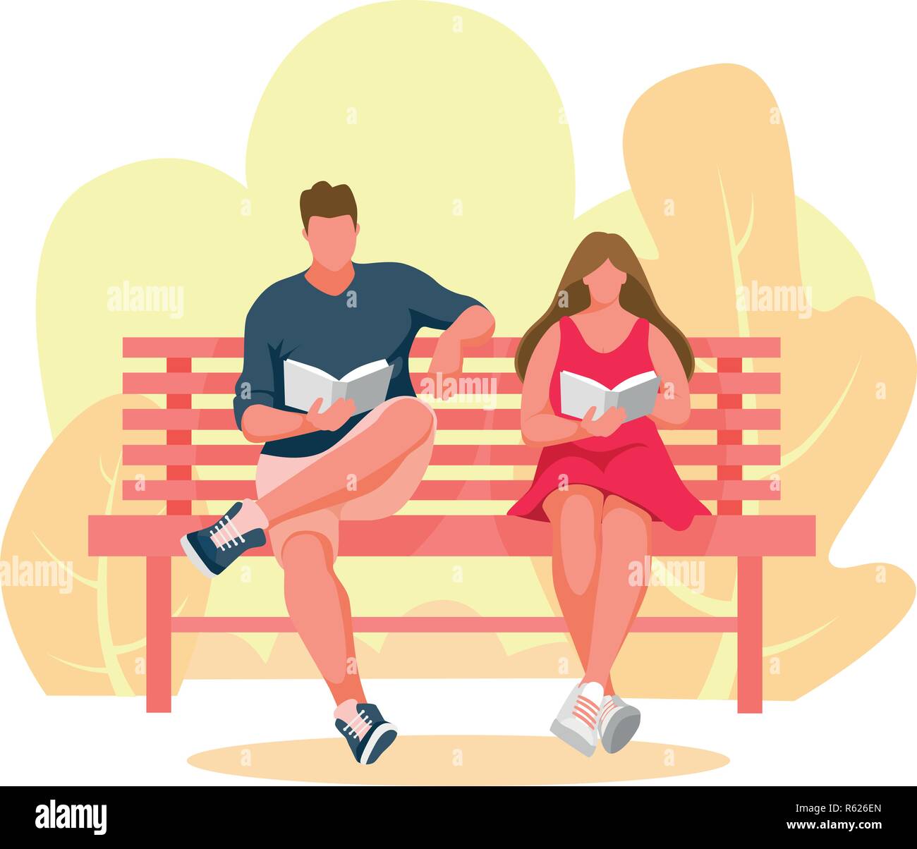 L'homme et la jeune fille assise sur un banc. Guy reading book. Woman Reading book. Banc de parc Vector Illustration Illustration de Vecteur