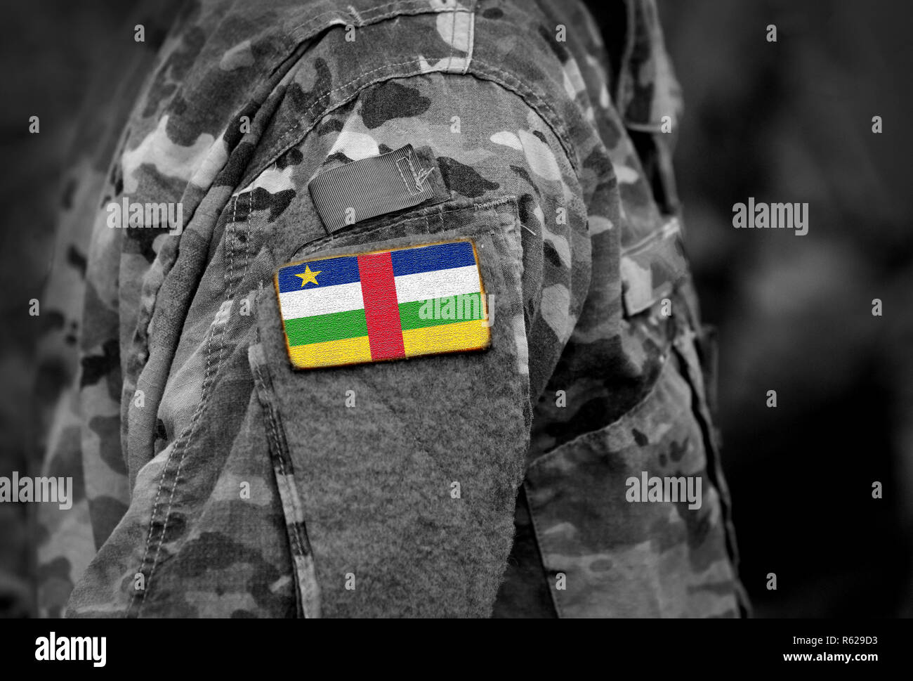Drapeau de la République centrafricaine le bras de soldats (collage). Banque D'Images