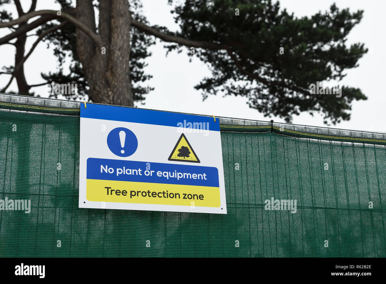 La signalisation pour une zone de protection d'arbres sur un site de construction britannique Banque D'Images