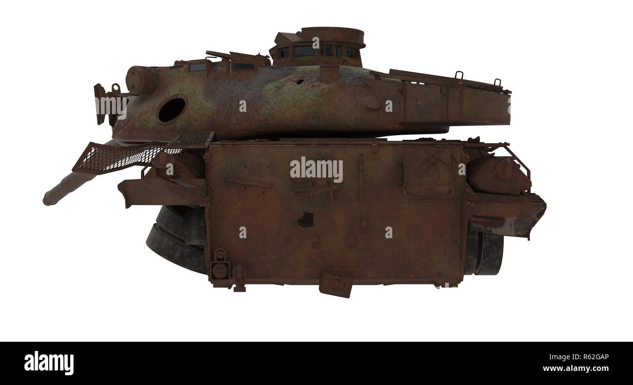 Rusty endommagé sur un char de combat isolé sur fond blanc. 3d illustration Banque D'Images