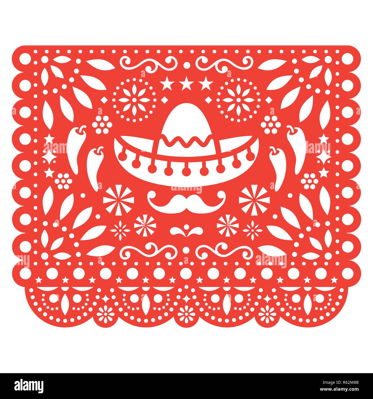 Art populaire, sous forme d'ornement rétro Mexique, cut out composition de fleurs et de formes abstraites isolated on white Illustration de Vecteur