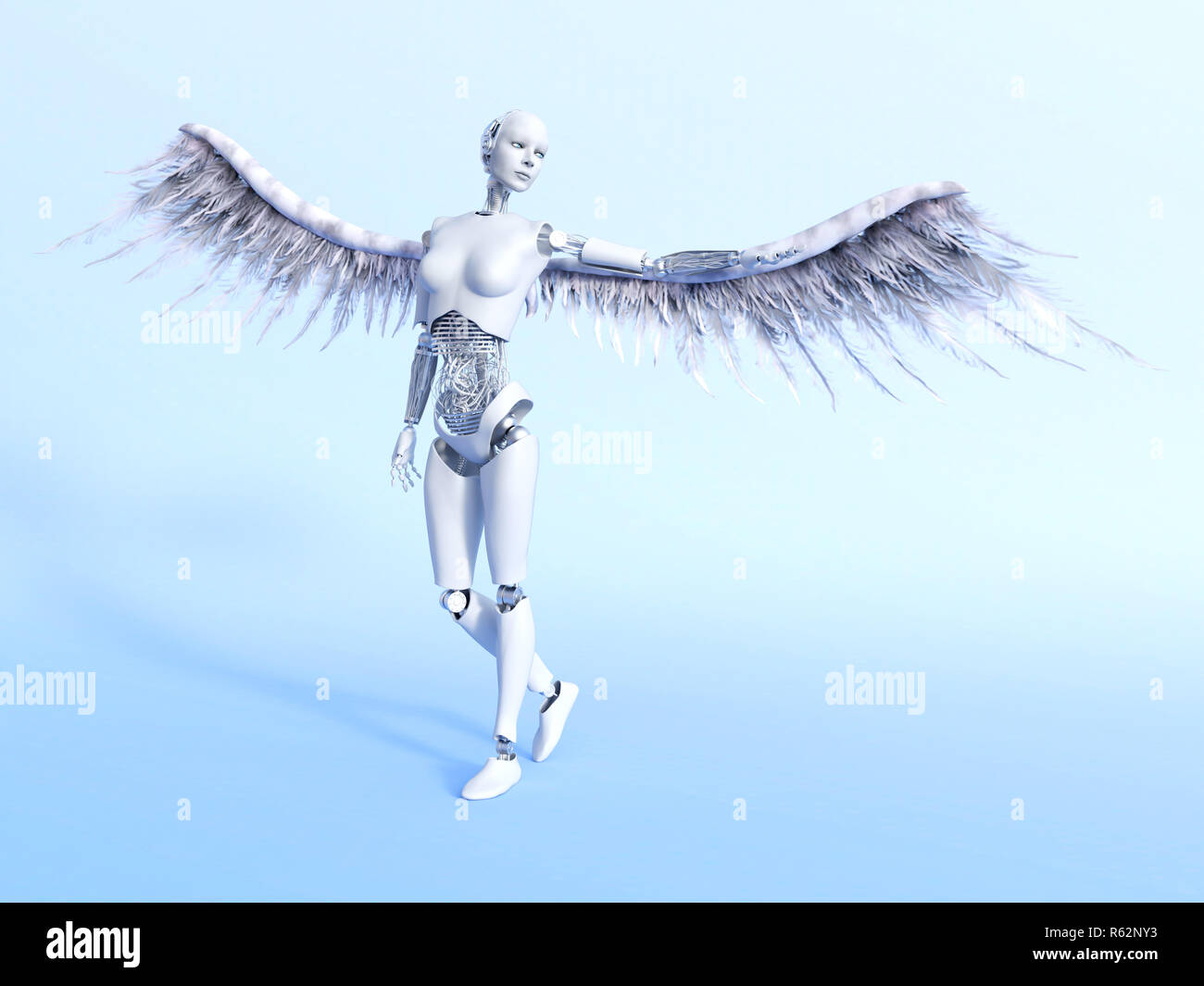 Une femme robot avec big white Wings, un cyberangel. Fond bleuâtre. Banque D'Images