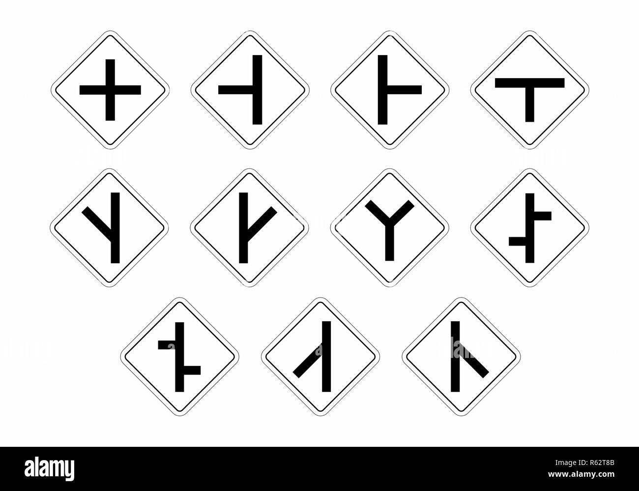 Illustration d'un ensemble de panneaux de circulation indiquant des carrefours et les bifurcations Illustration de Vecteur