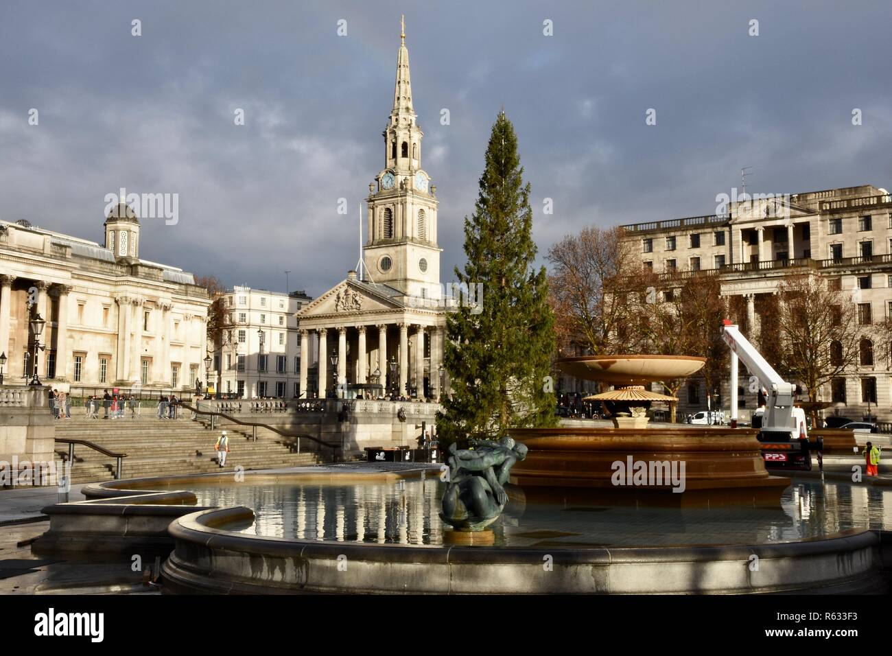 Londres, Royaume-Uni. 3 Décembre, 2018. L'arbre de Noël de Trafalgar Square a été érigée sur la place aujourd'hui. Un don annuel à partir de la ville d'Oslo en signe de gratitude pour l'appui britannique à la Norvège pendant la Seconde Guerre mondiale.Trafalgar Square, London.UK Crédit : michael melia/Alamy Live News Banque D'Images