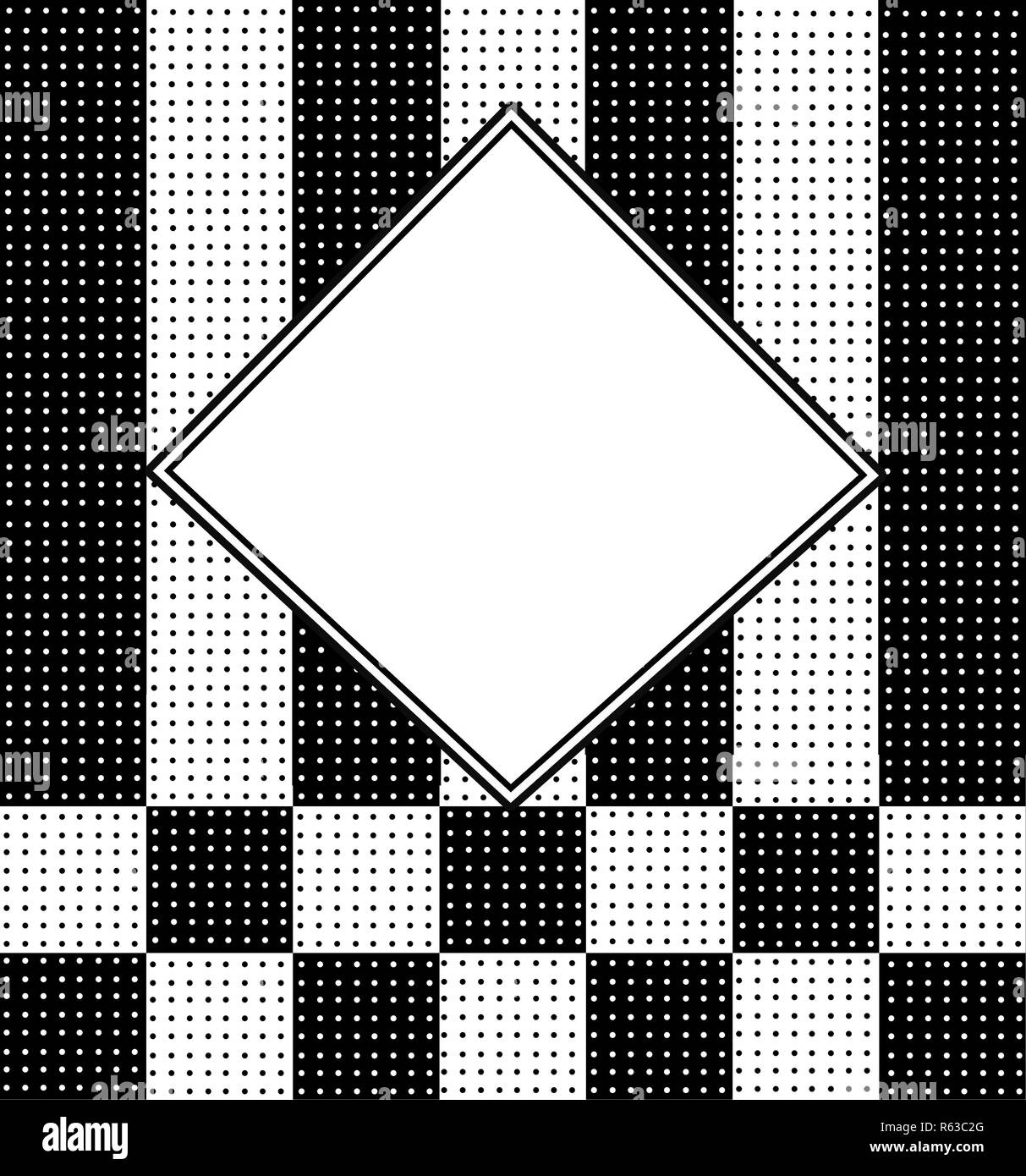 Contexte en bandes noires et blanches et les motifs à carreaux à pois. Blanc avec des bordures du texte au centre. Banque D'Images