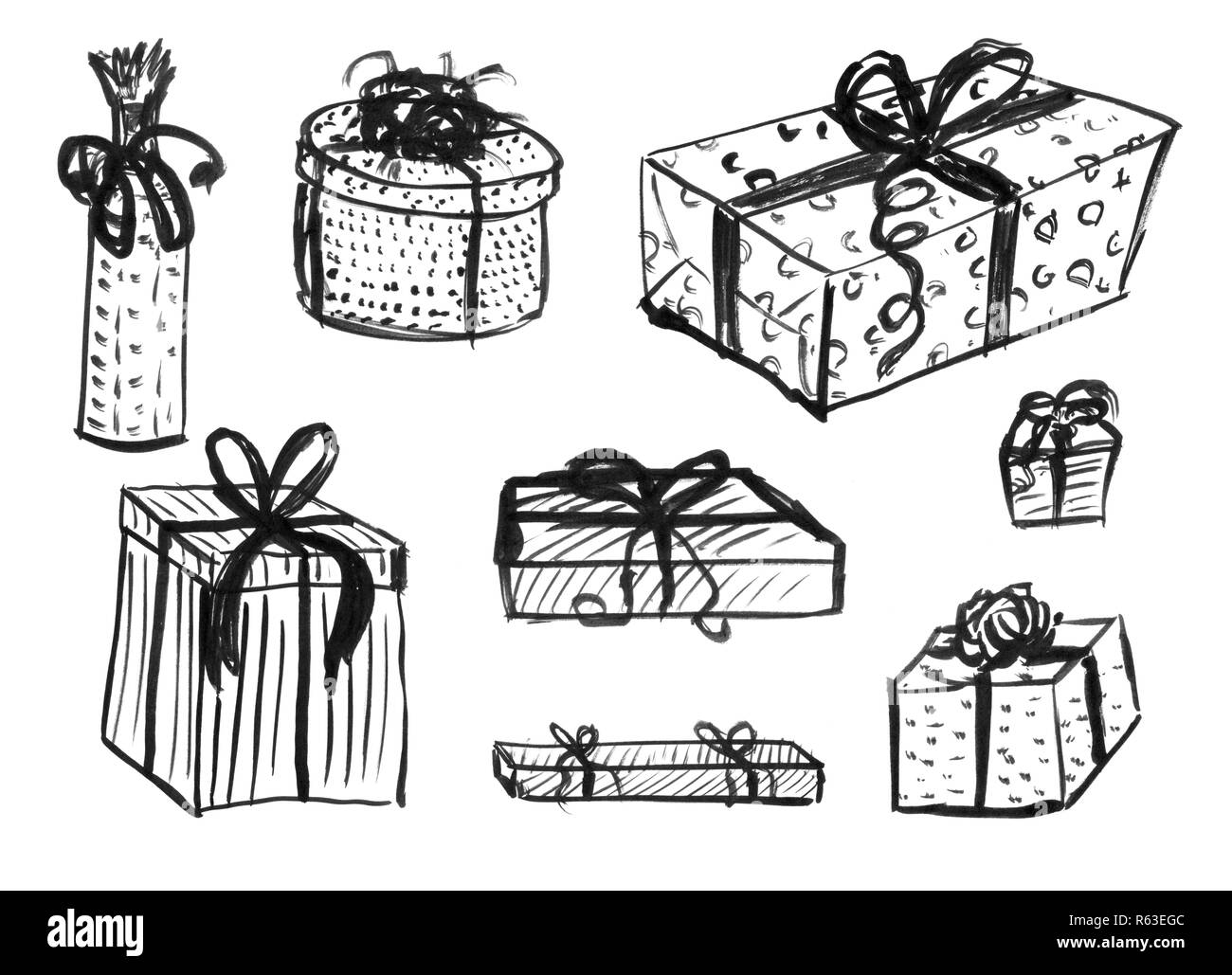 L'encre noir Grunge Dessin à la main de l'ensemble de boîtes-cadeaux de Noël enveloppé Banque D'Images