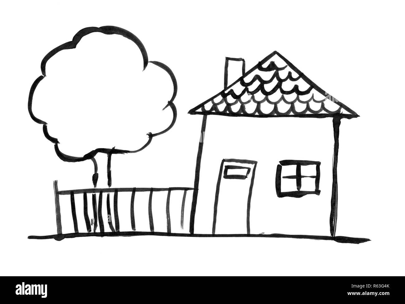 L'encre noir Grunge Dessin à la main de la Famille chambre romantique et arbre et Jardin Clôture Banque D'Images