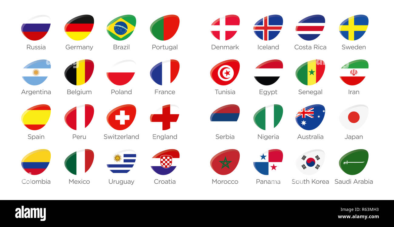 Symboles de l'icône ellipse moderne des pays participants pour le tournoi de soccer en Russie Banque D'Images