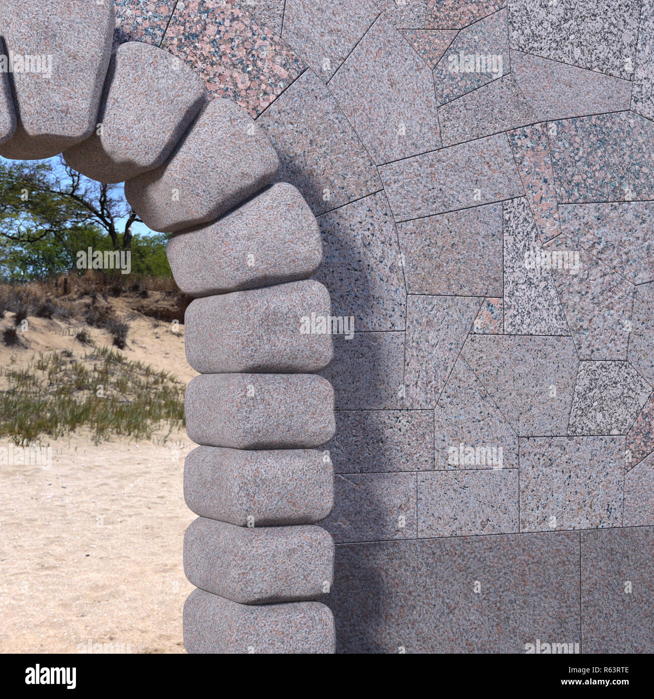 La partie supérieure droite d'une porte de pierre cyclopéens avec mur carrelé de granit, de sable et d'arbres vue par l'ouverture. 3D render. Banque D'Images