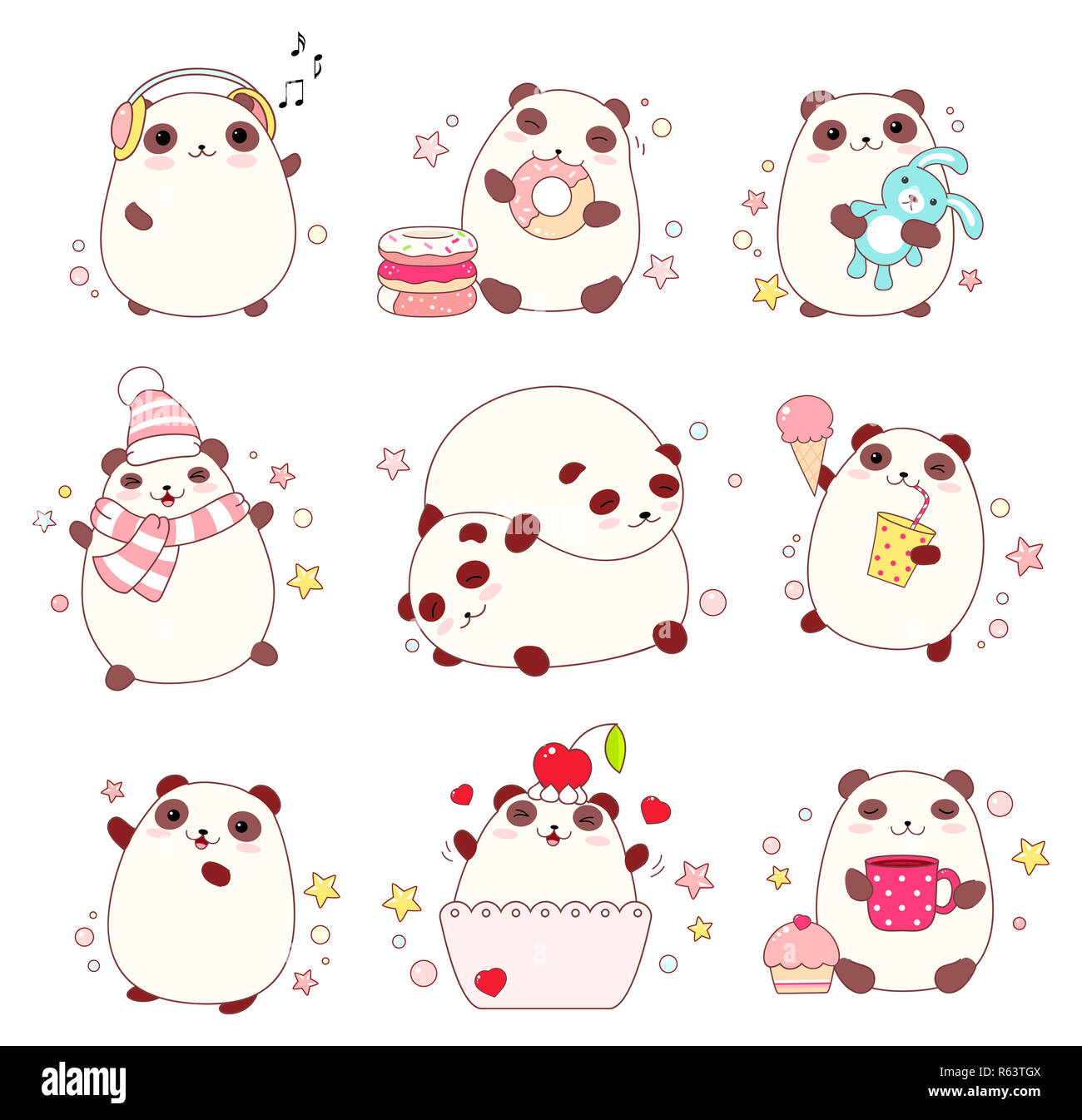 Collection d'adorables pandas dans différentes situations (dormir, manger, marche à pied) en style kawaii. Spe8 Banque D'Images