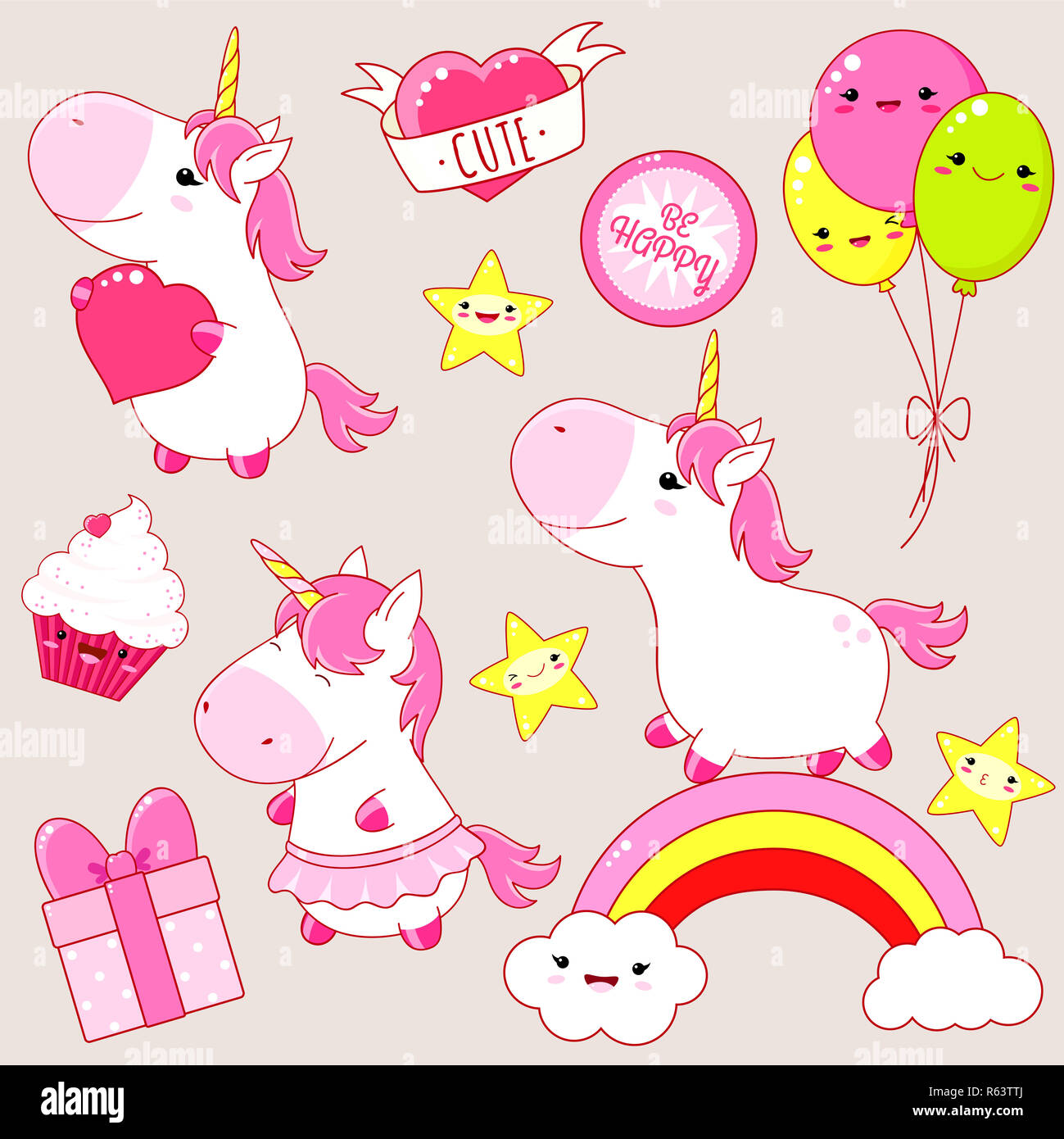 Ensemble de style kawaii cute dans les licornes. Unicorn sur arc-en-ciel, avec l'insuffisance cardiaque, cupcake, ballon, trois étoiles, un autocollant avec l'inscription être heureux. Spe8 Banque D'Images