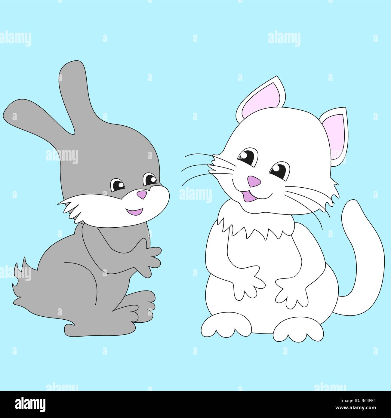 Cute gray Bunny et mignon chaton blanc isolé par fond bleu. Illustration de Vecteur