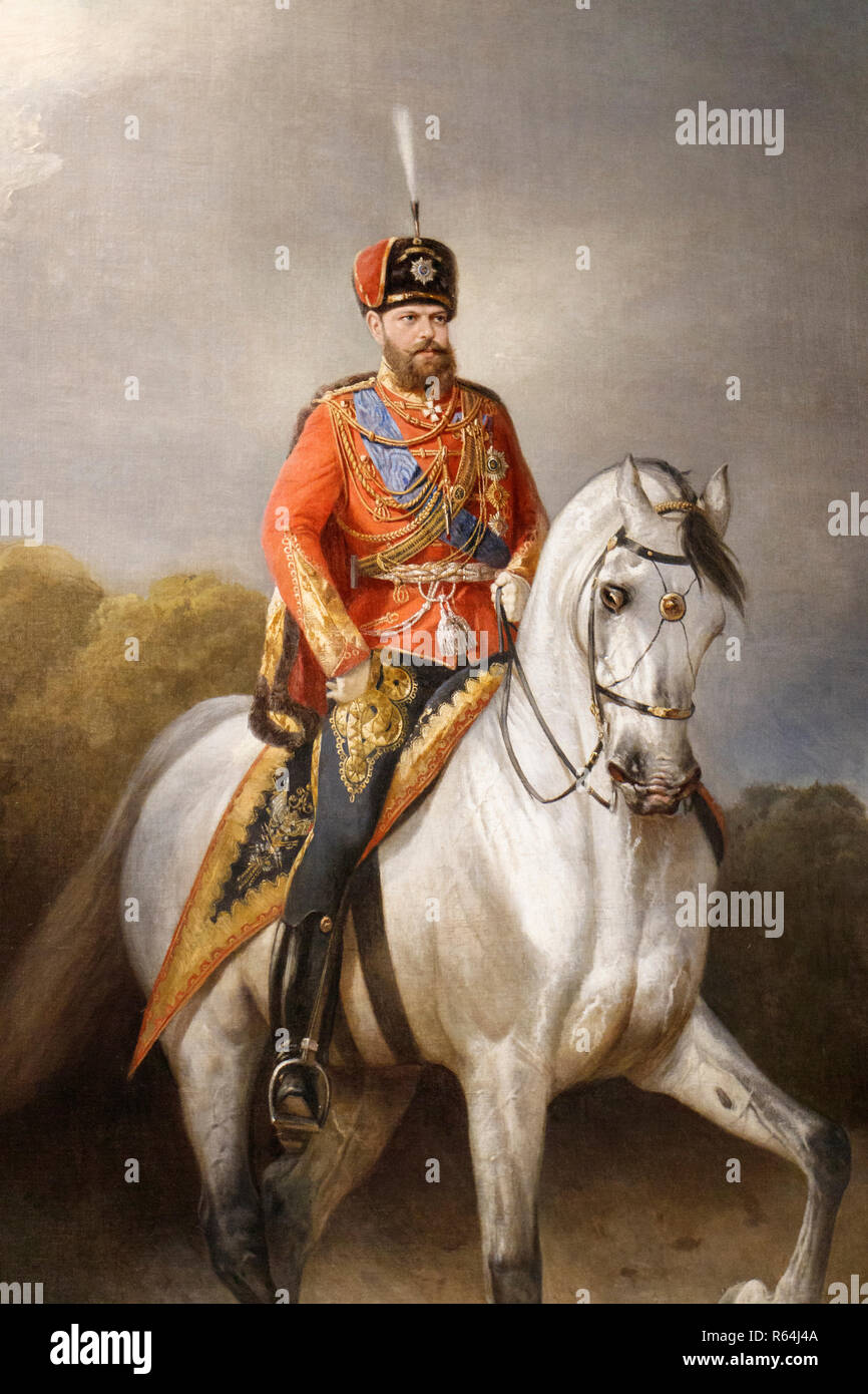 Le tsar Alexandre III à cheval, une peinture dans les Romanov à Tsarskoe Selo Exposition au palais de Catherine, St Petersbourg, Russie. Banque D'Images