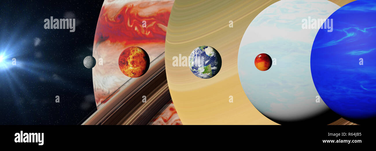 Les planètes du système solaire éclairé par le soleil, comparatif de taille Banque D'Images