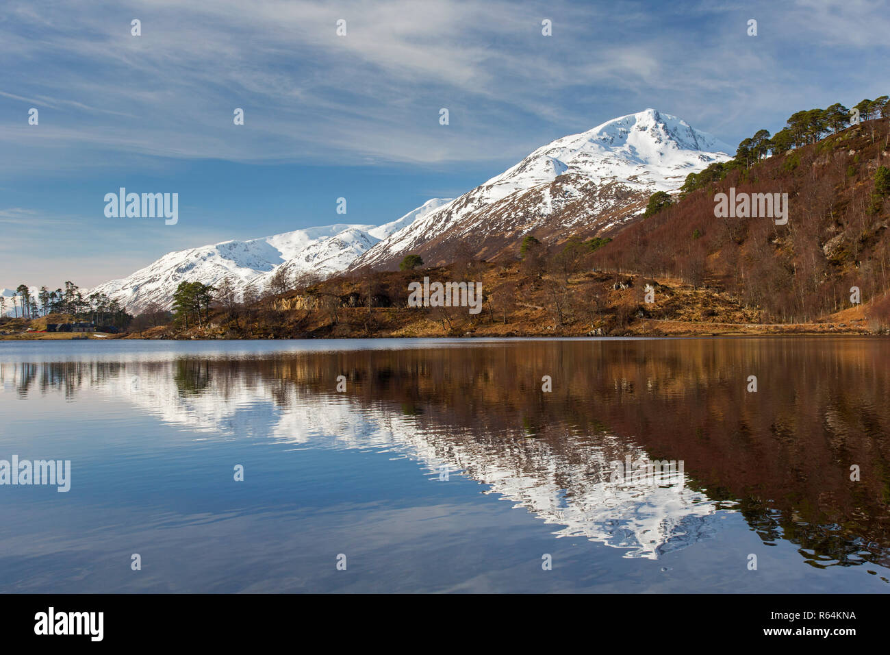 Forêt écossaise le long de Loch Affric et mountain Sgurr na Lapaich en hiver, Glen Affric, Inverness-shire, les Highlands écossais, Highland, Scotland, UK Banque D'Images