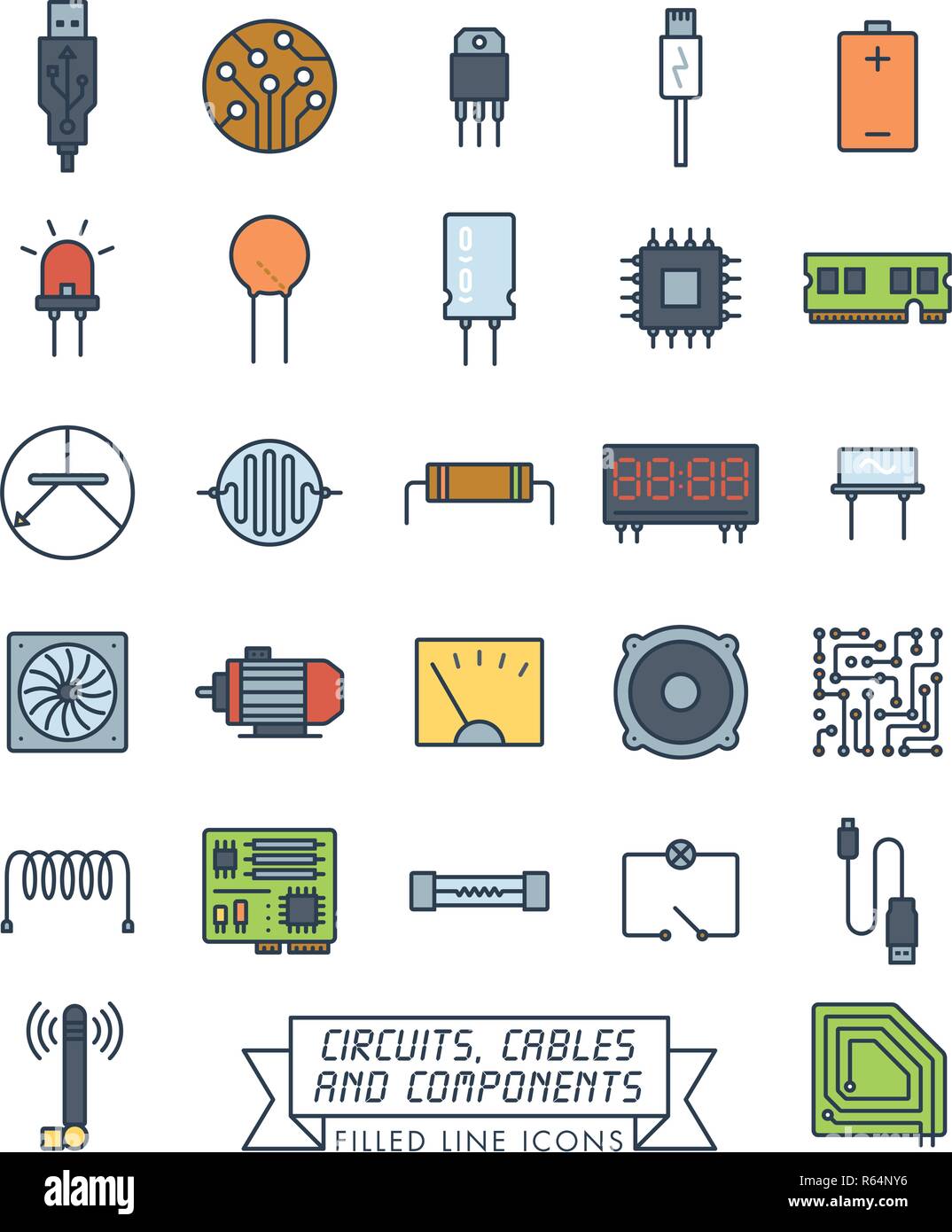 Collection de composants électroniques, circuits et câbles ligne rempli de vecteur d'icônes. Symboles de couleur des microtechniques. Illustration de Vecteur
