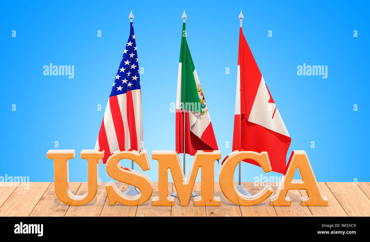 États-unis Canada Mexique Accord, USMCA concept sur la table en bois. Le rendu 3D Banque D'Images