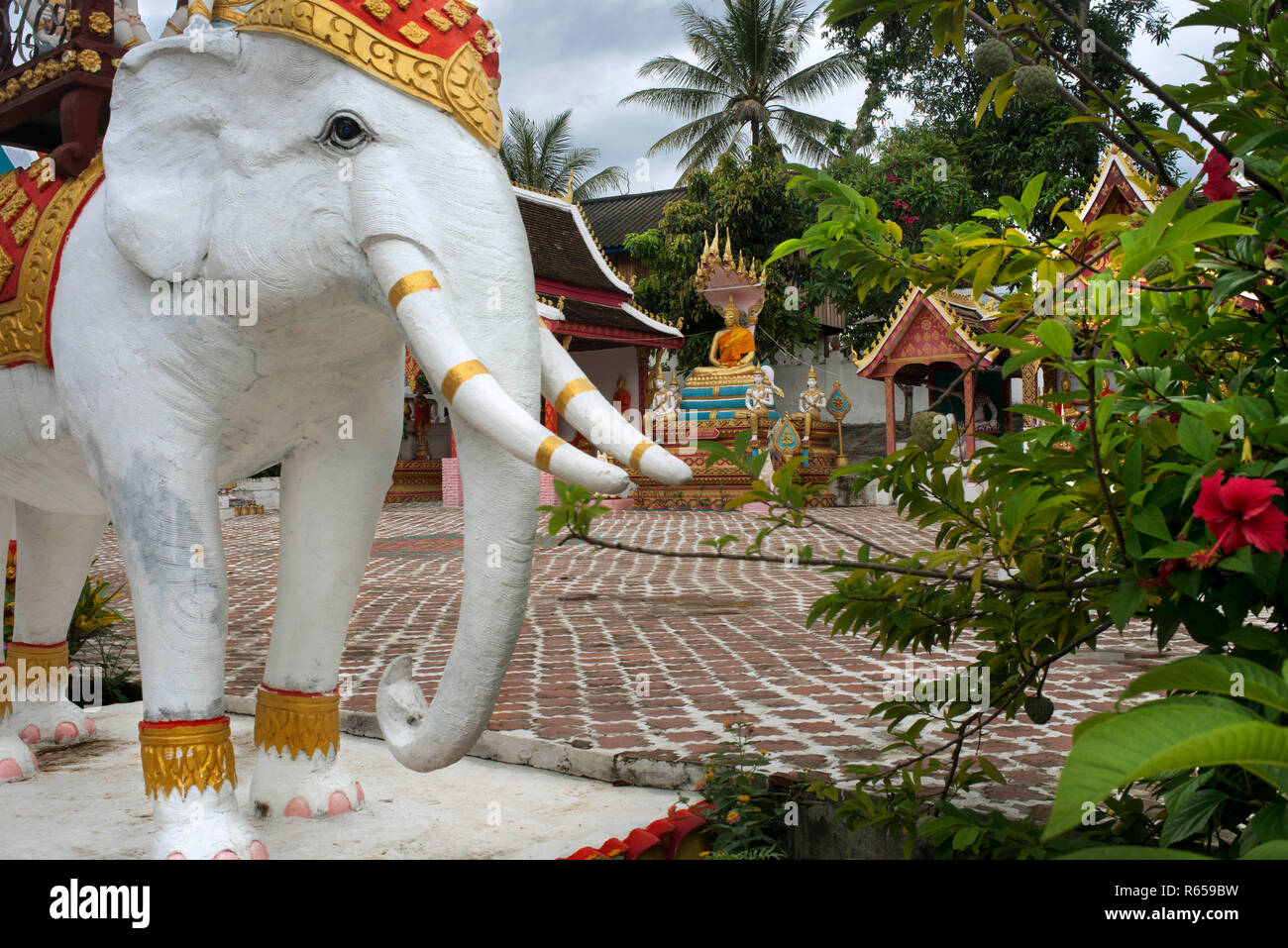 Staute éléphant dans le monastère Wat Ban Xang Hai temple sur les rives du Mékong près de Luang Prabang au Laos Banque D'Images