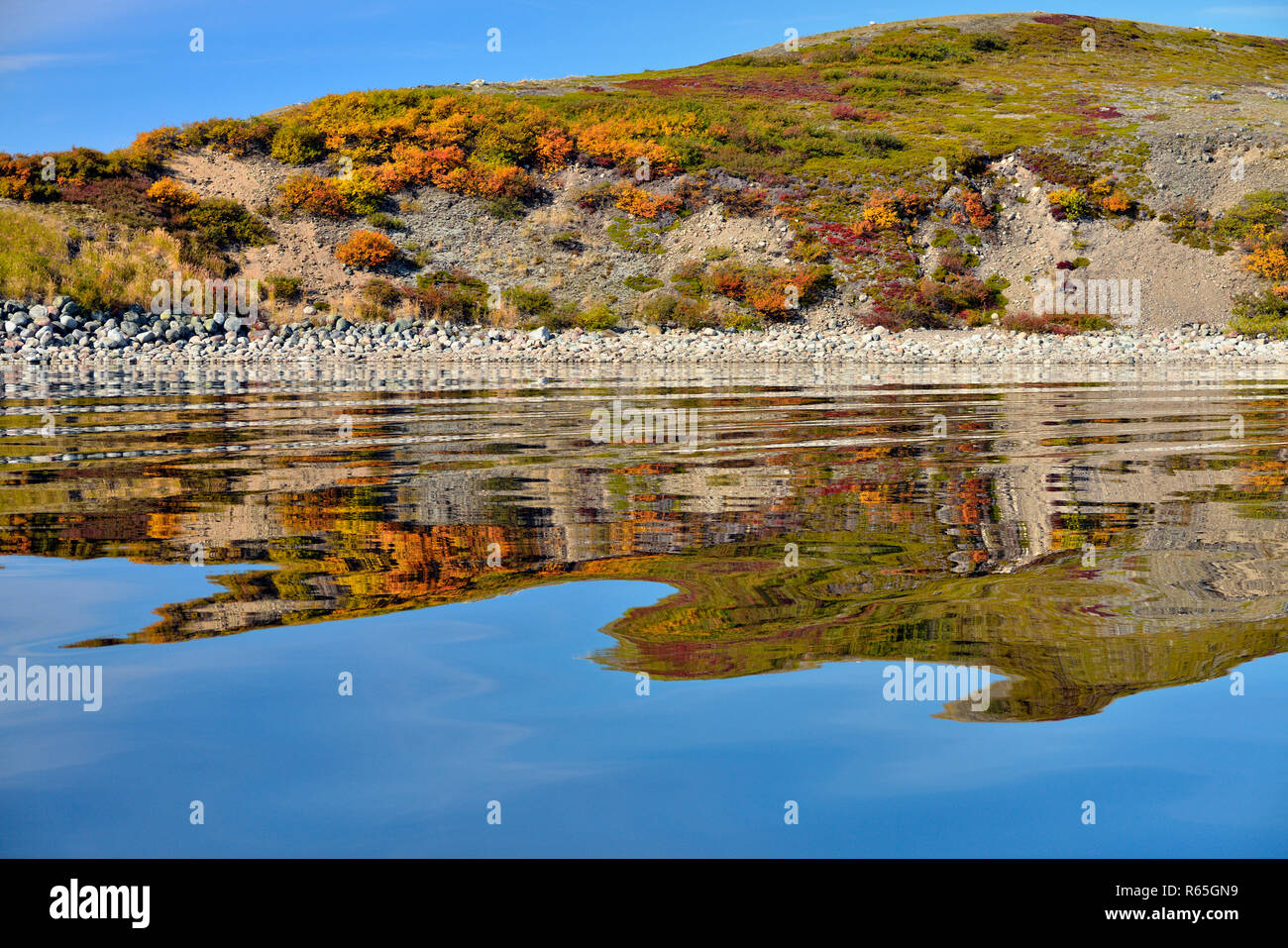 Les reflets dans le lac Ennadai, Arctique Haven Lodge, le territoire du Nunavut, Canada Banque D'Images