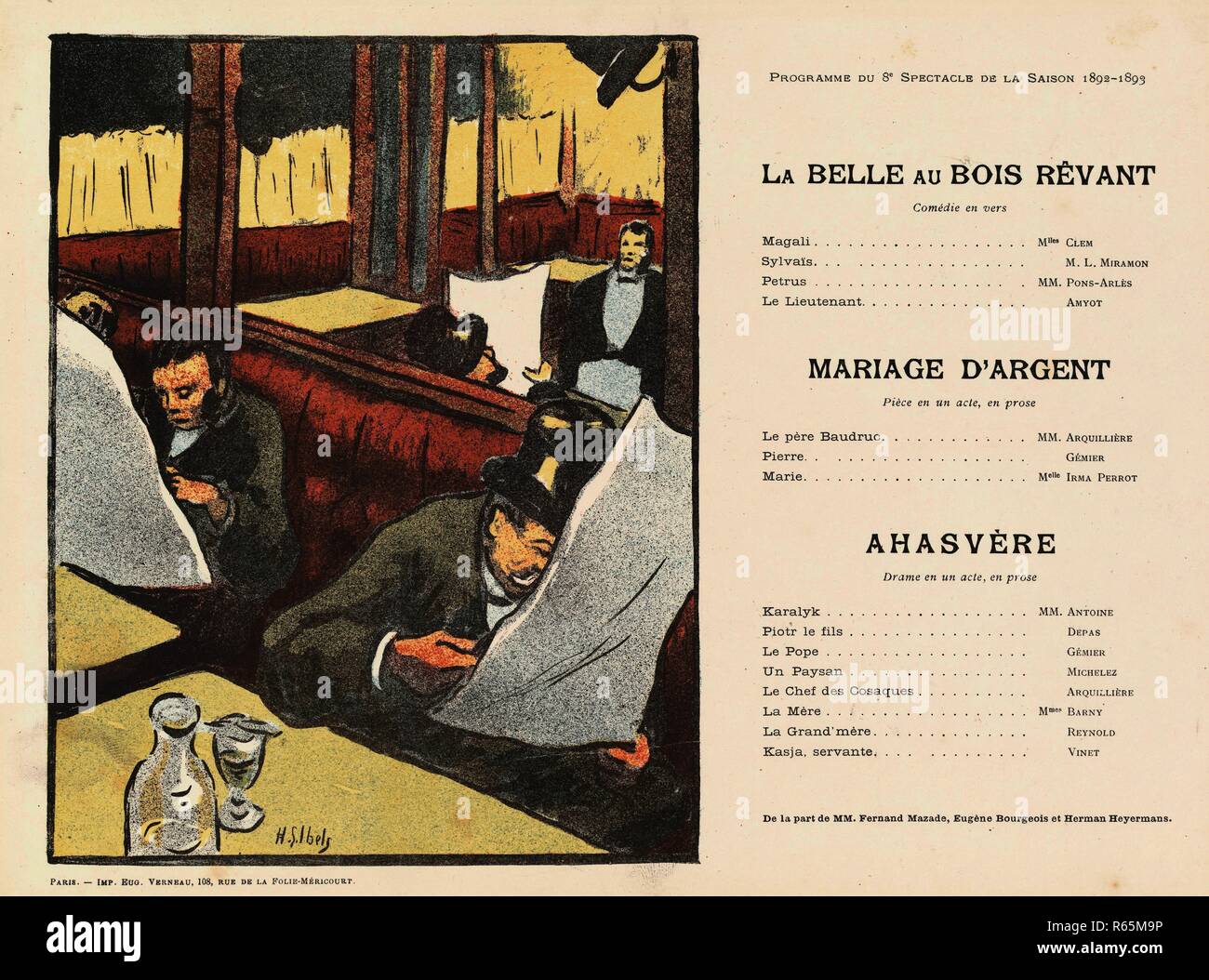 Programme de théâtre pour La Belle au bois rêvant de Fernand Mazade, Mariage d'argent d'Eugène Bourgeois et Ahasvère par Herman Heyermans (Théâtre libre, 12 juin 1893). Dimensions : 23,8 cm x 31,9 cm, 21,8 cm x 29,5 cm. Musée : Musée Van Gogh, Amsterdam. Auteur : HENRI GABRIEL IBELS,. Henri-Gabriel Ibels. Banque D'Images