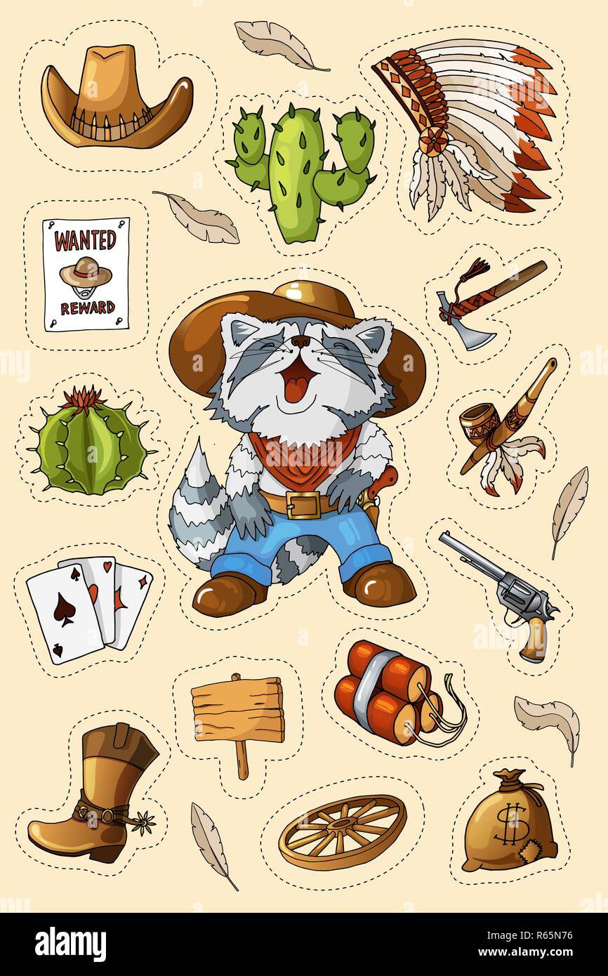 Western wild west art stickers set. Pistolet, des balles, cactus et beaucoup d'autres articles Illustration de Vecteur