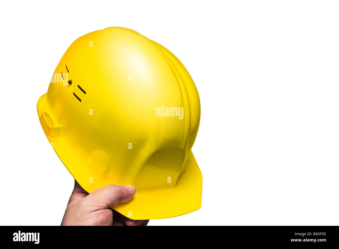 Casque de construction, protection de la tête dans la main des hommes Banque D'Images