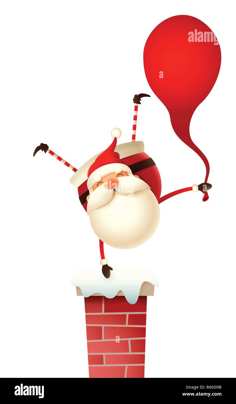Heureux Père Noël avec sac cadeaux debout sur une main sur la cheminée - isolé Illustration de Vecteur