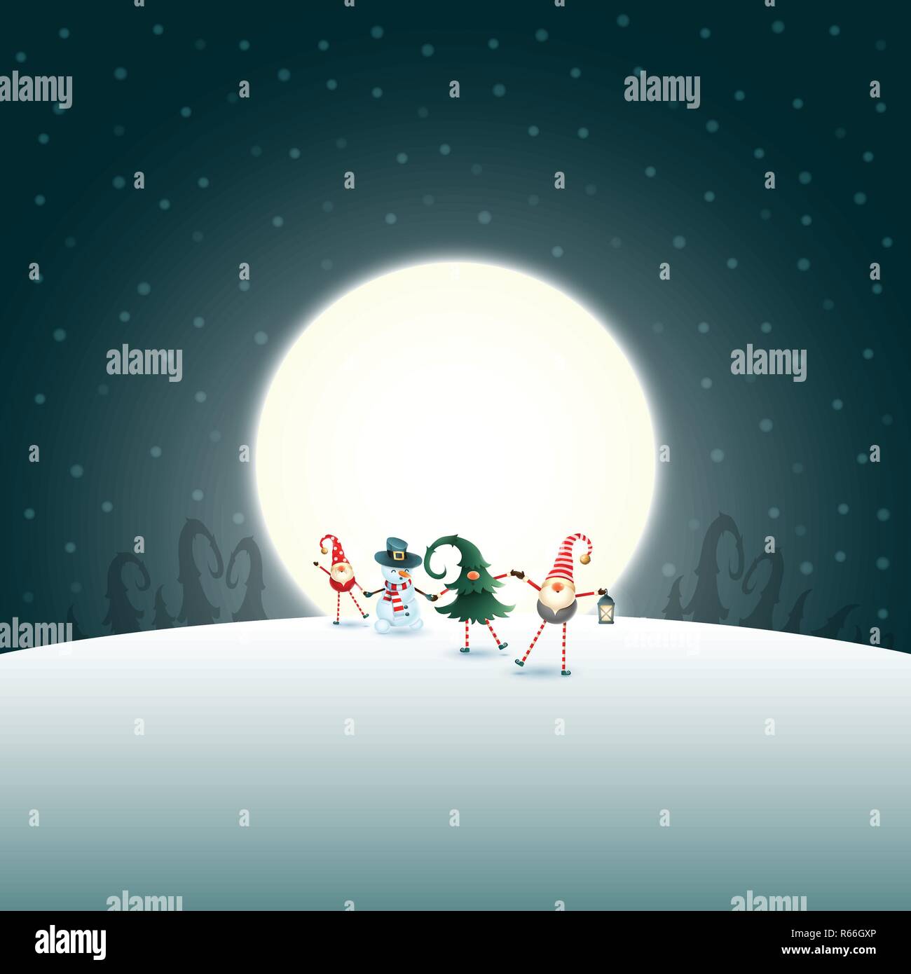 Groupe de gnomes scandinaves et bonhomme de neige sont la marche en face de Pleine lune - l'arrière-plan hiver noël Illustration de Vecteur