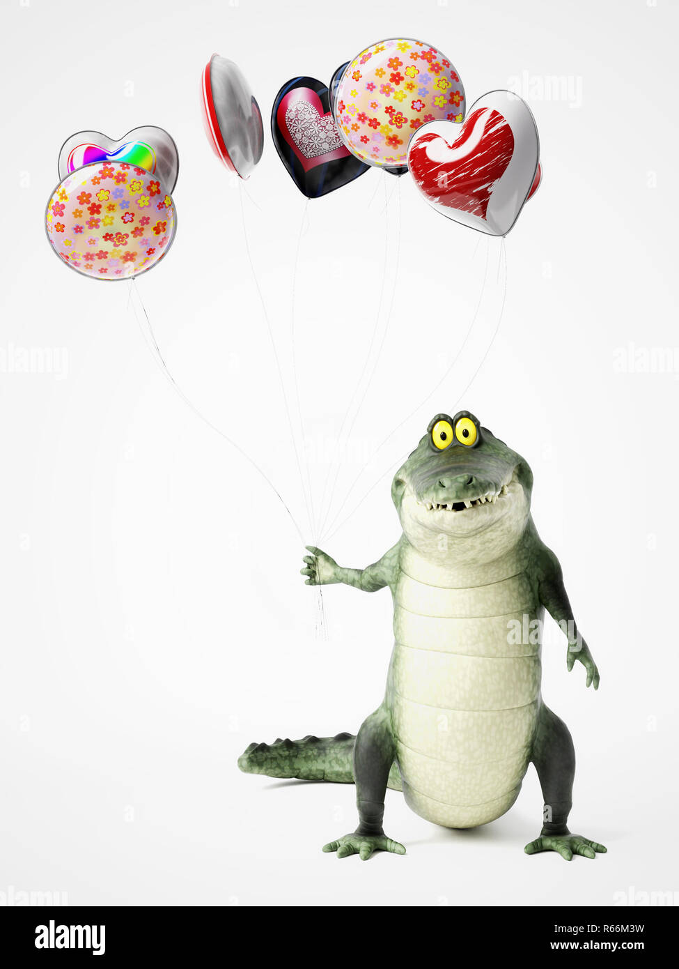 Le rendu 3D d'un crocodile dessin animé holding balloons. Banque D'Images