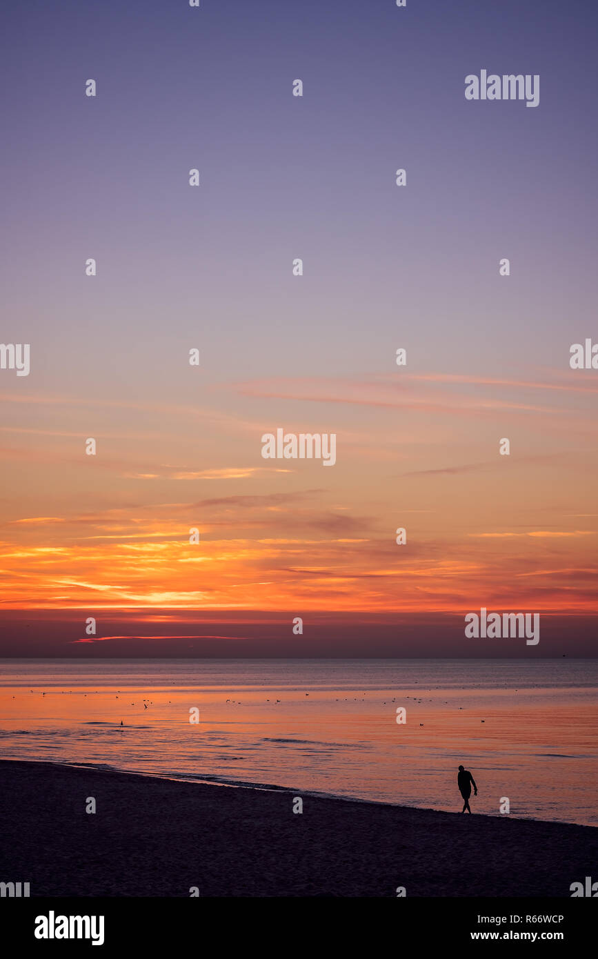 Homme seul marche sur la mer plage au coucher du soleil Banque D'Images