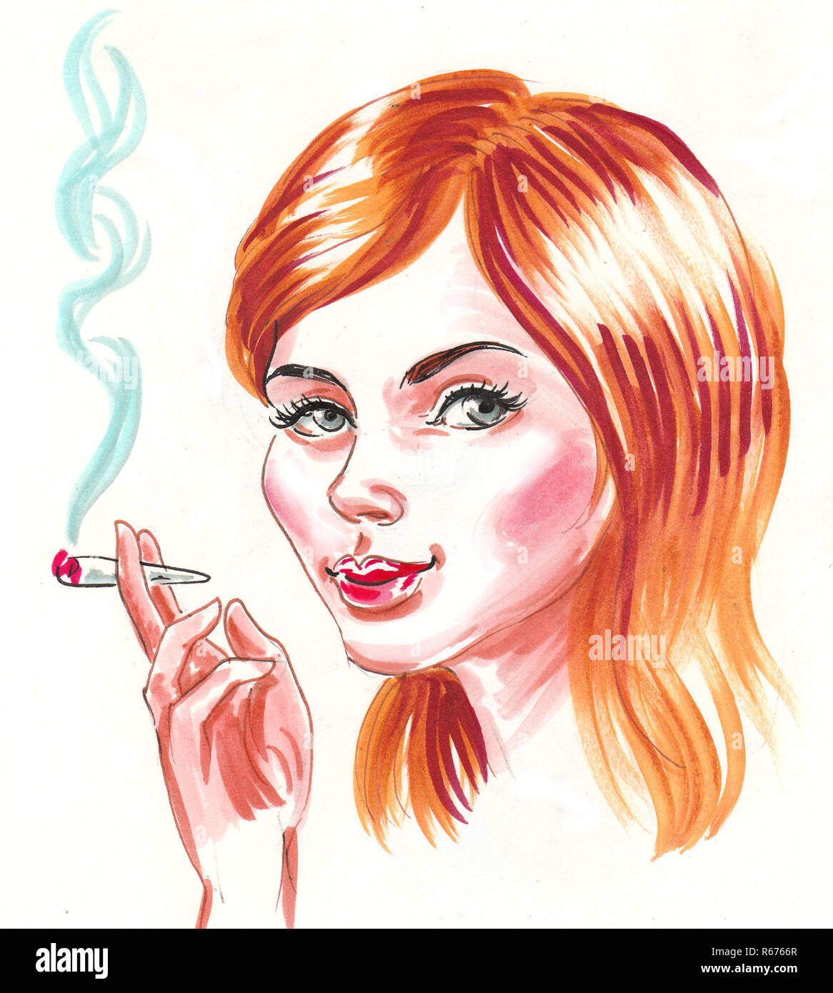 Très jolie jeune femme avec une cigarette. Encre et aquarelle dessin Banque D'Images