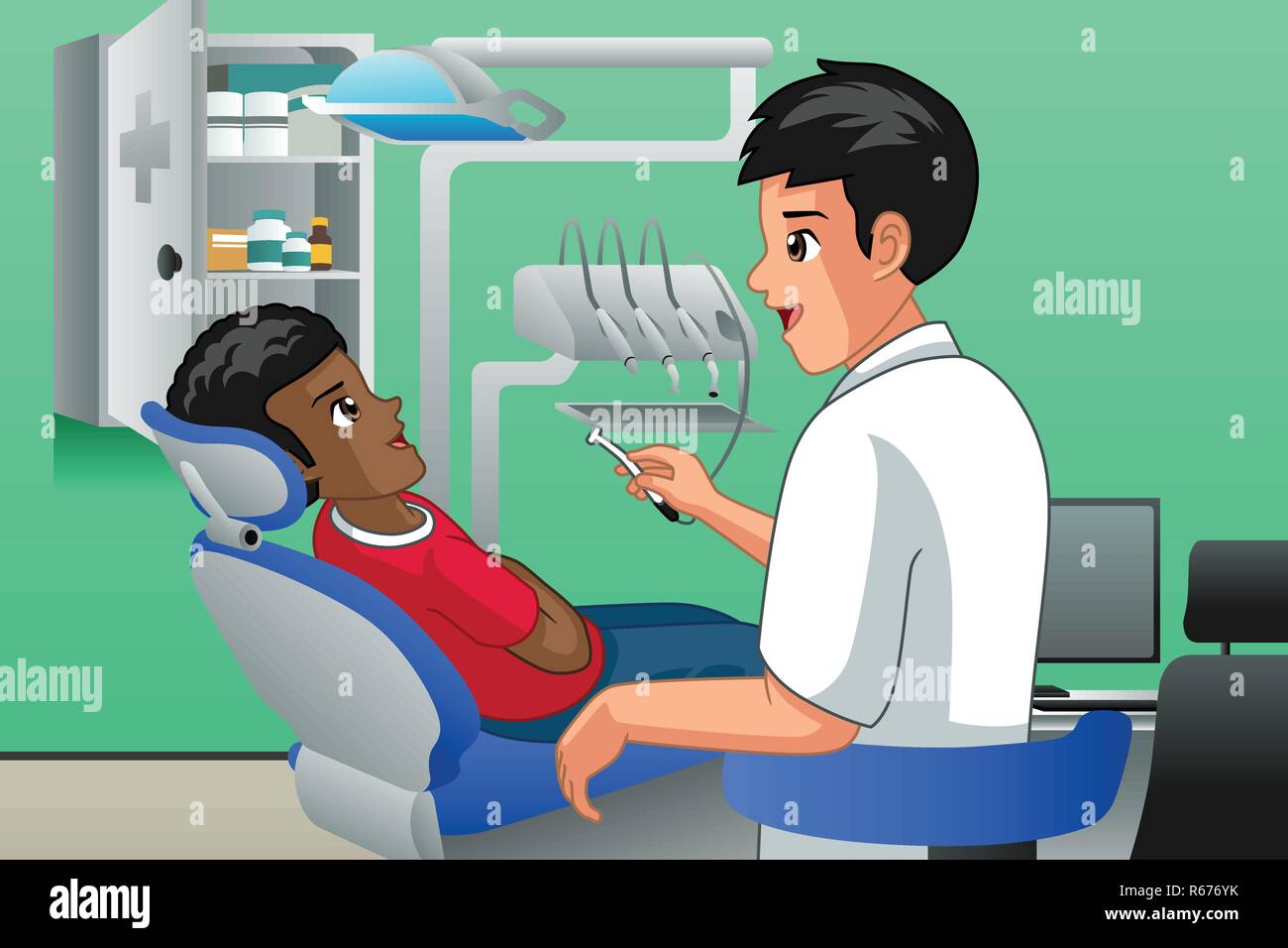 Un vecteur illustration de dentiste de vérifier sur un patient pour enfants Illustration de Vecteur