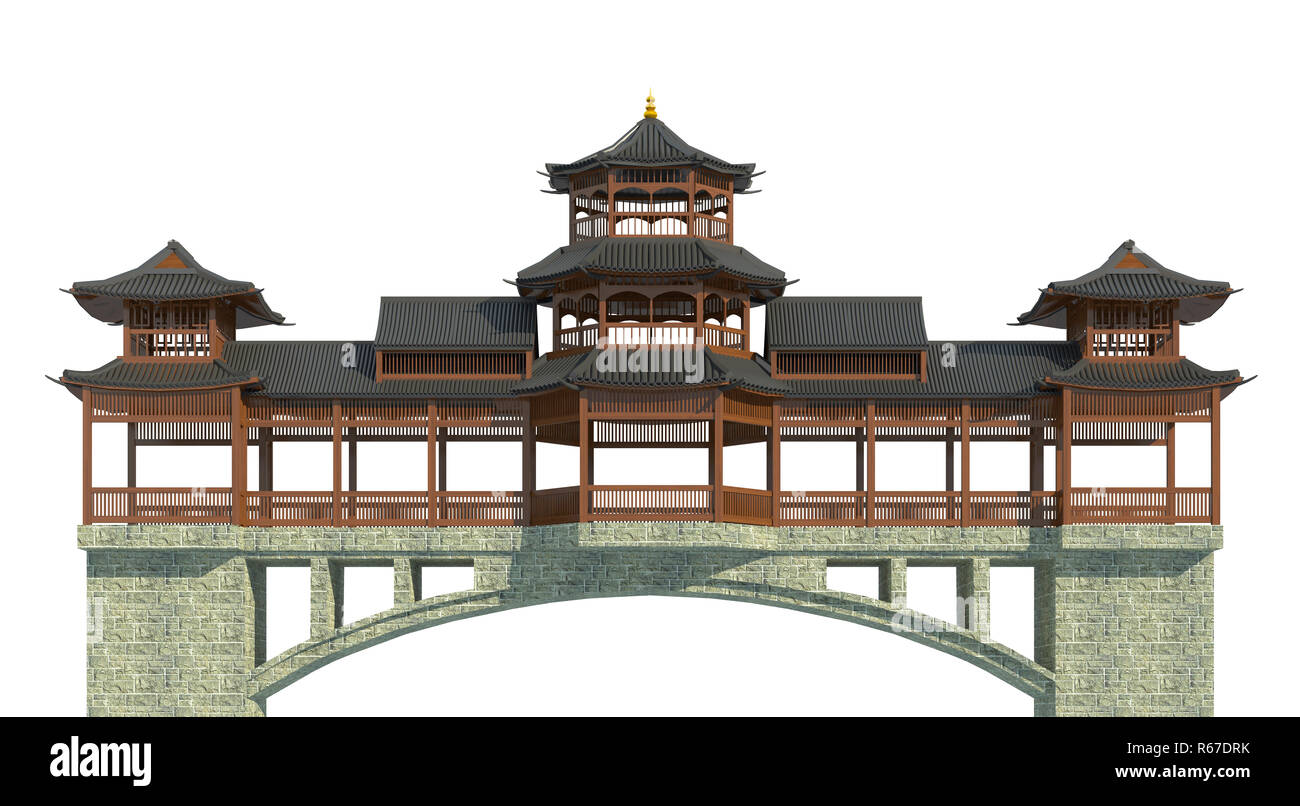 Illustration 3D bâtiment japonais dans un style traditionnel isolé sur fond blanc Banque D'Images