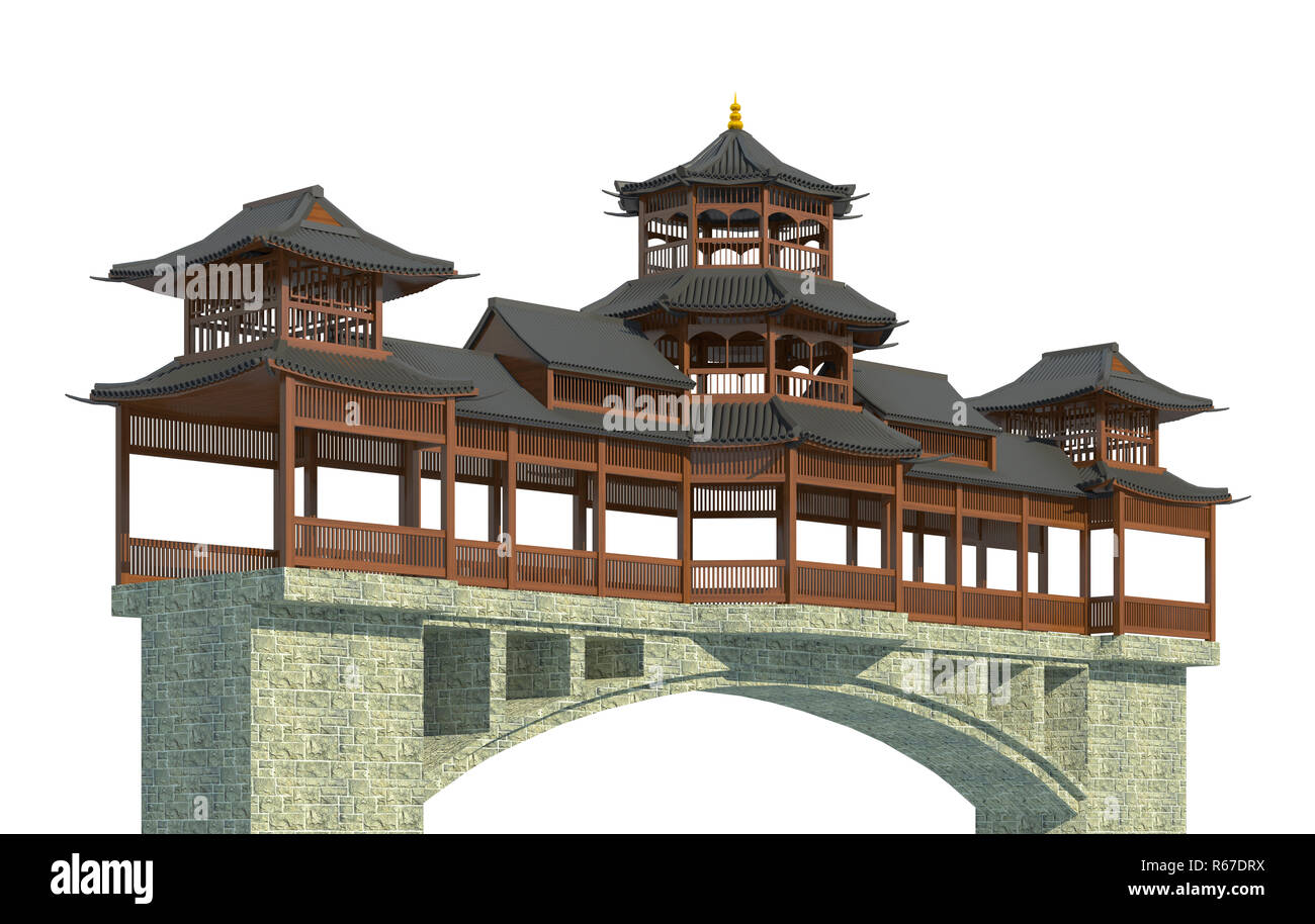 Illustration 3D bâtiment japonais dans un style traditionnel isolé sur fond blanc Banque D'Images