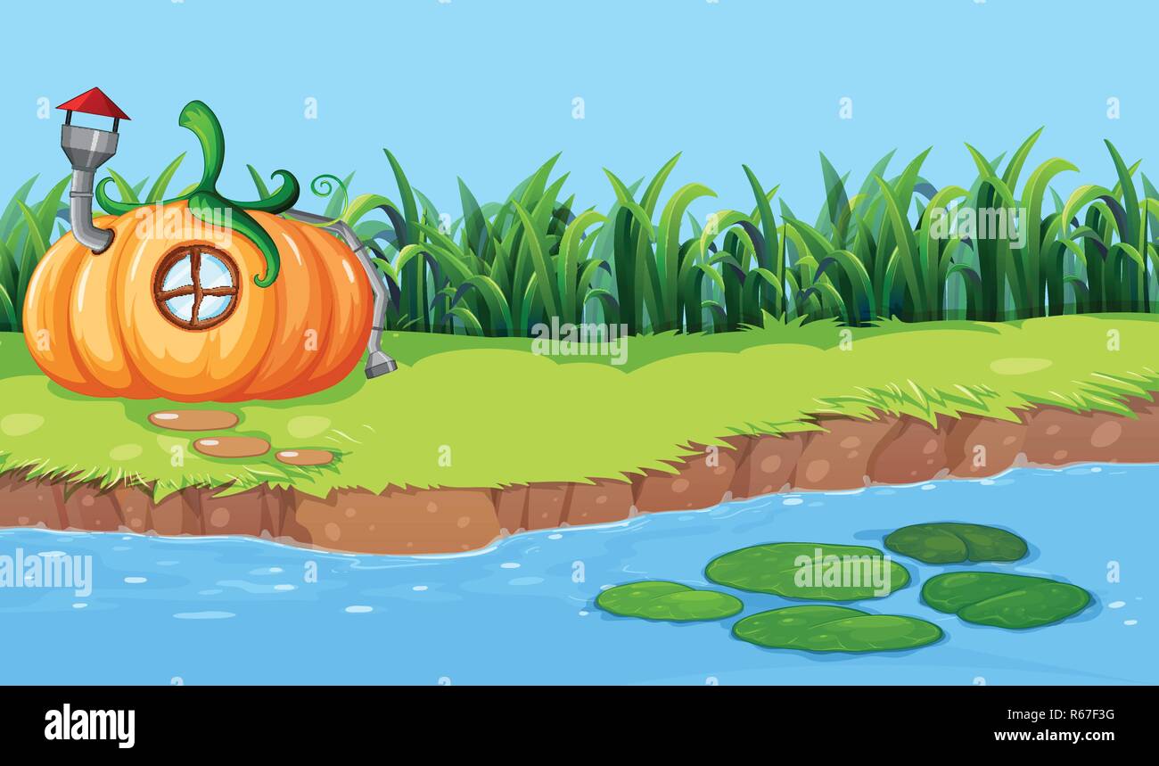 Maison de citrouille à côté de la rivière illustration Illustration de Vecteur